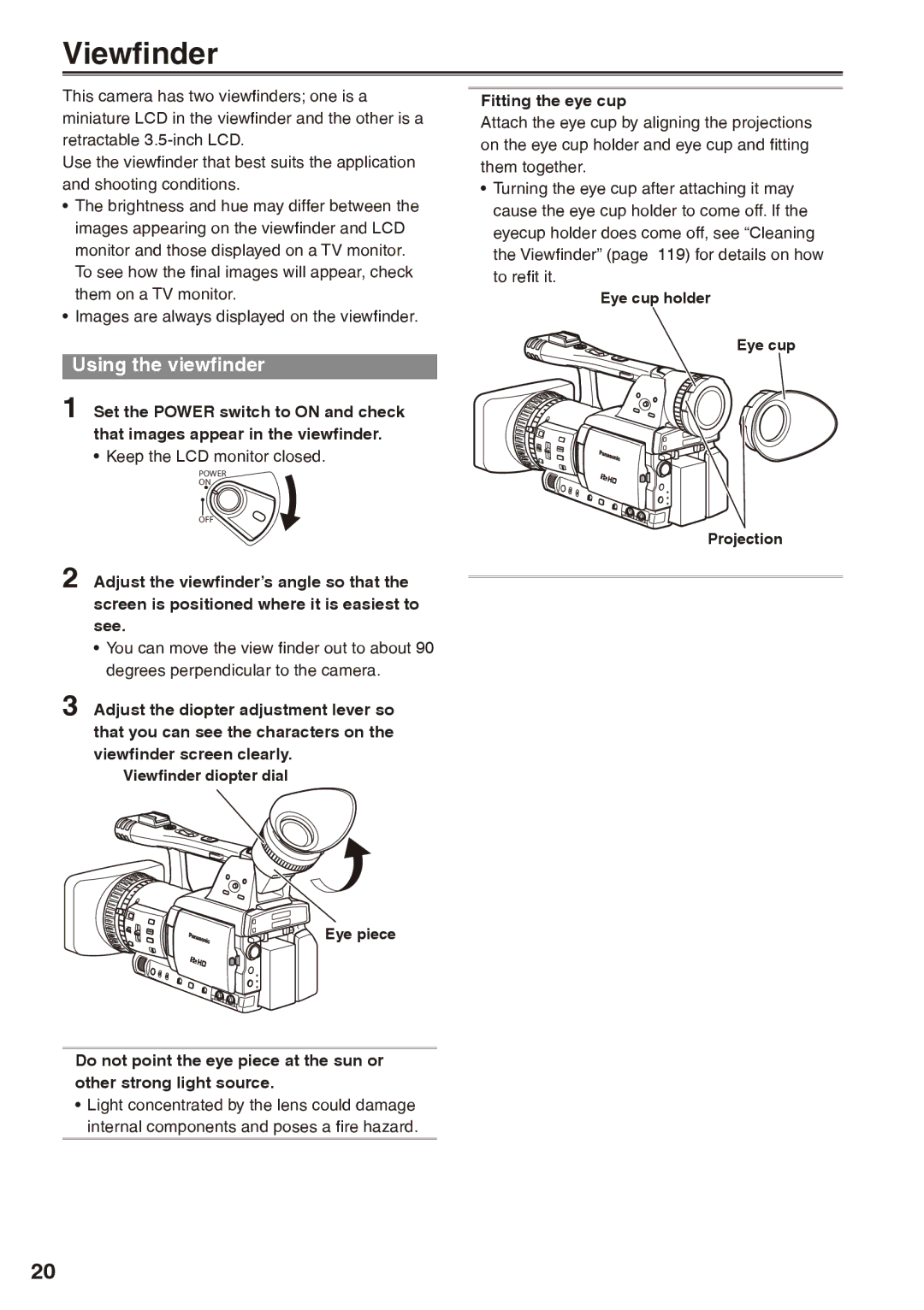 Panasonic AG-HPX170P Viewfinder, Using the viewfinder, Keep the LCD monitor closed, Fitting the eye cup 