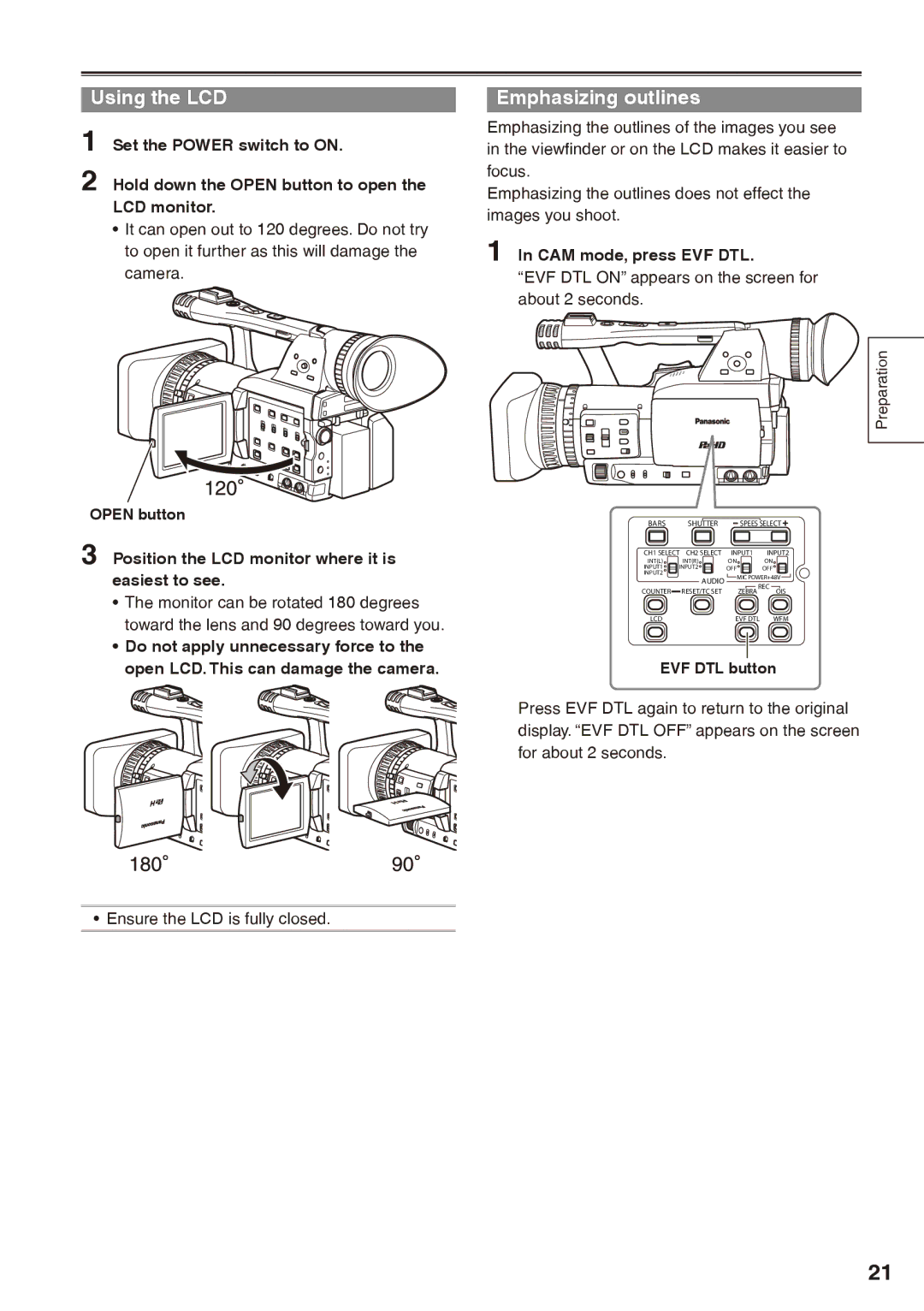 Panasonic AG-HPX170P Using the LCD, Emphasizing outlines, Position the LCD monitor where it is easiest to see 