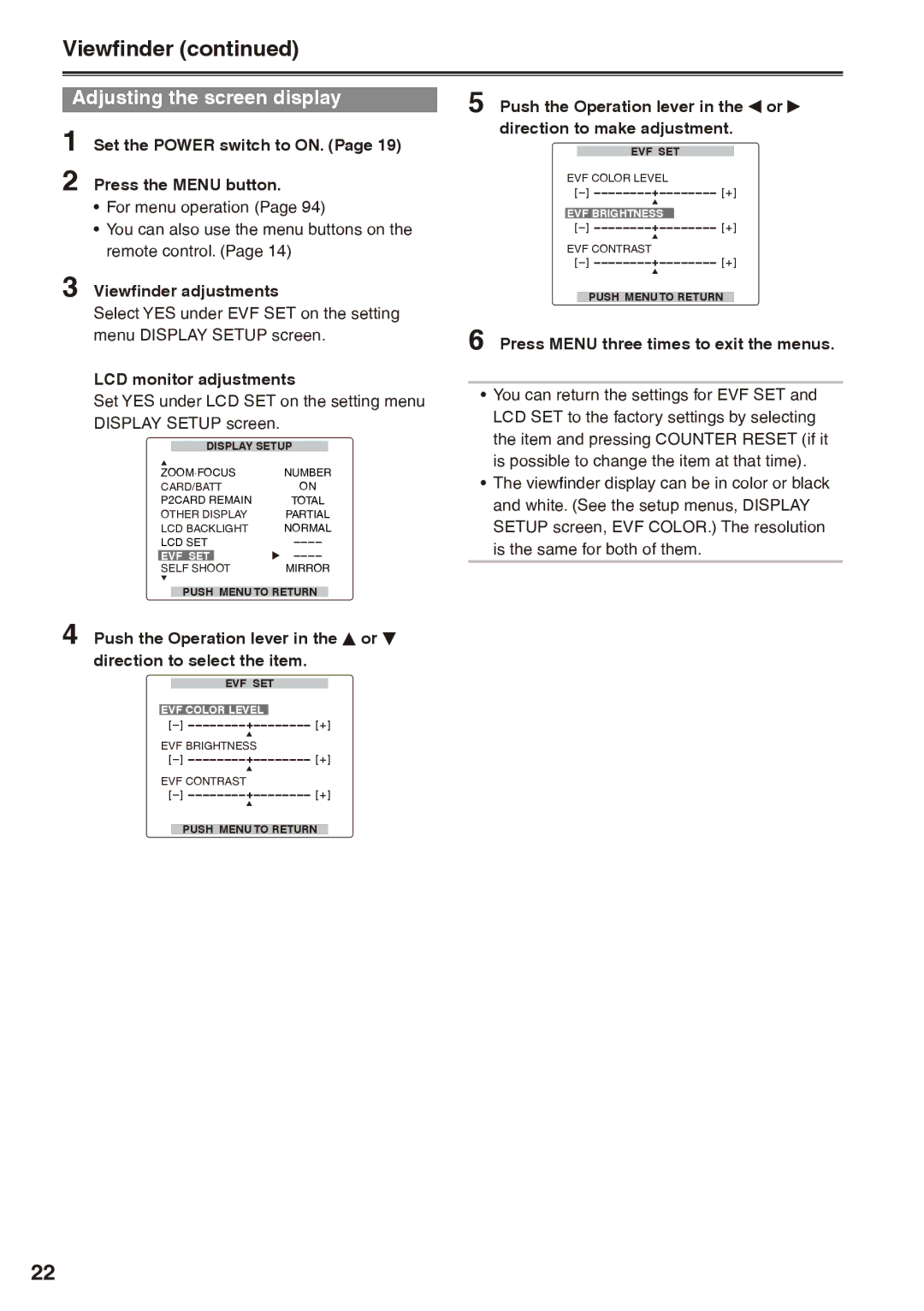 Panasonic AG-HPX170P operating instructions Viewfinder, Adjusting the screen display 