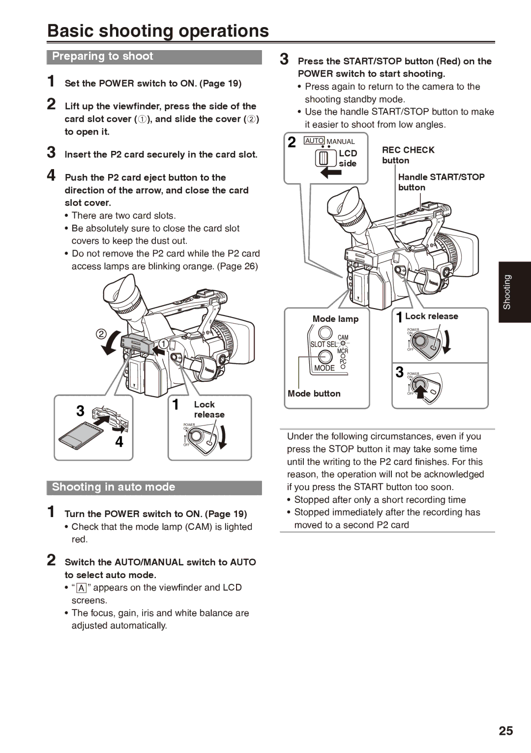 Panasonic AG-HPX170P Basic shooting operations, Preparing to shoot, Shooting in auto mode, Turn the Power switch to ON 