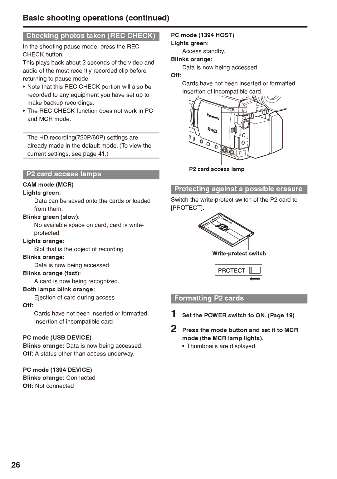 Panasonic AG-HPX170P Basic shooting operations, Checking photos taken REC Check, P2 card access lamps, Formatting P2 cards 