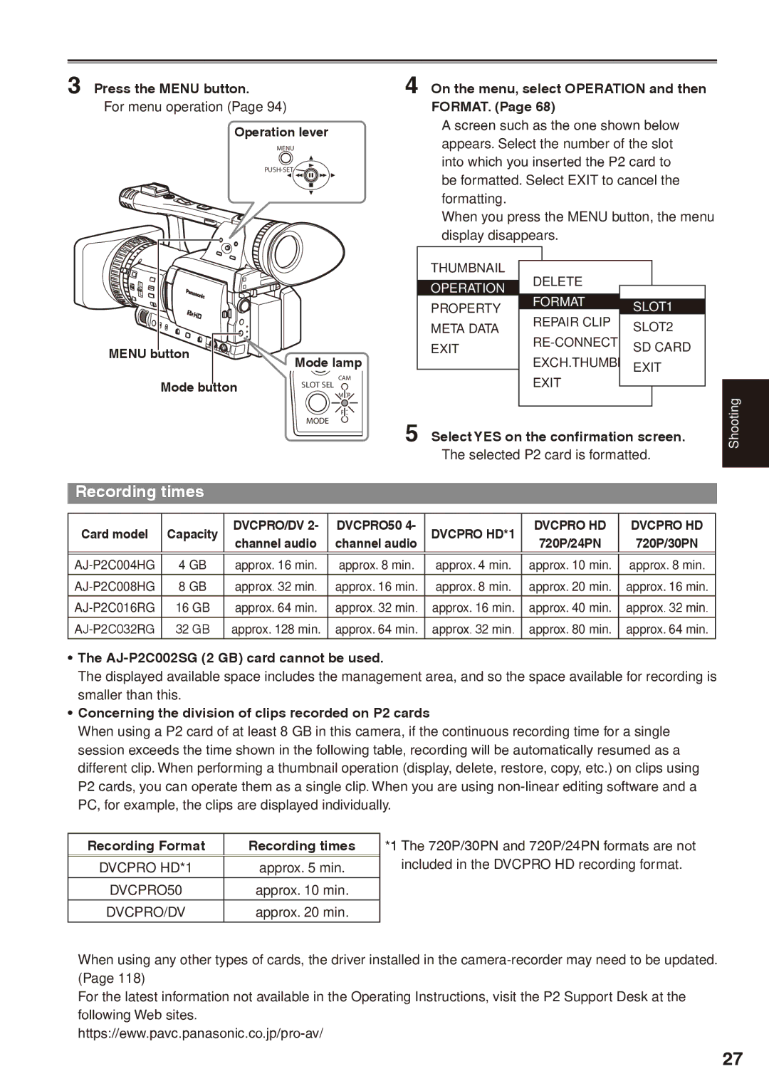 Panasonic AG-HPX170P operating instructions Recording times 