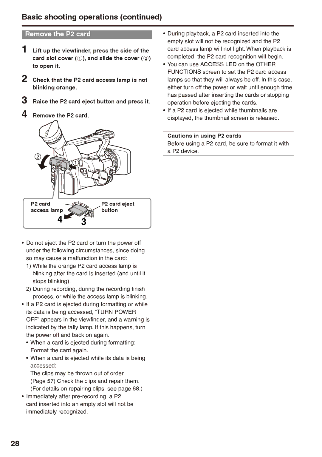 Panasonic AG-HPX170P operating instructions Remove the P2 card, Access lamp Button 