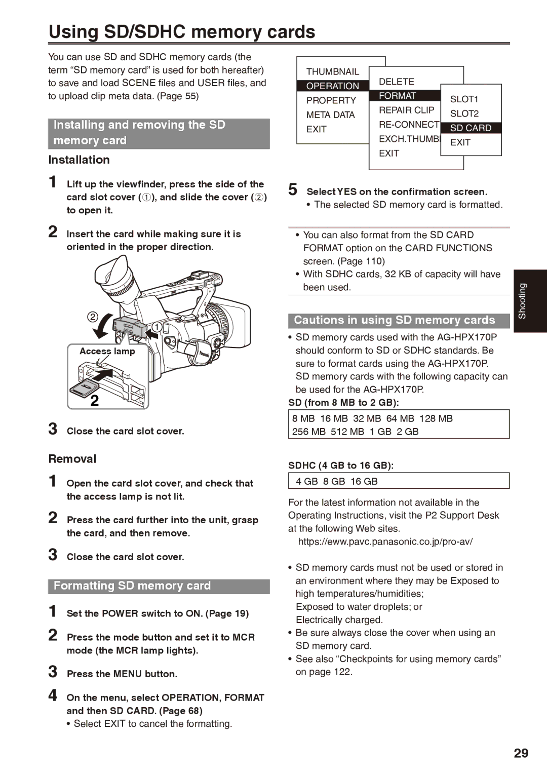Panasonic AG-HPX170P Using SD/SDHC memory cards, Installing and removing the SD memory card, Formatting SD memory card 