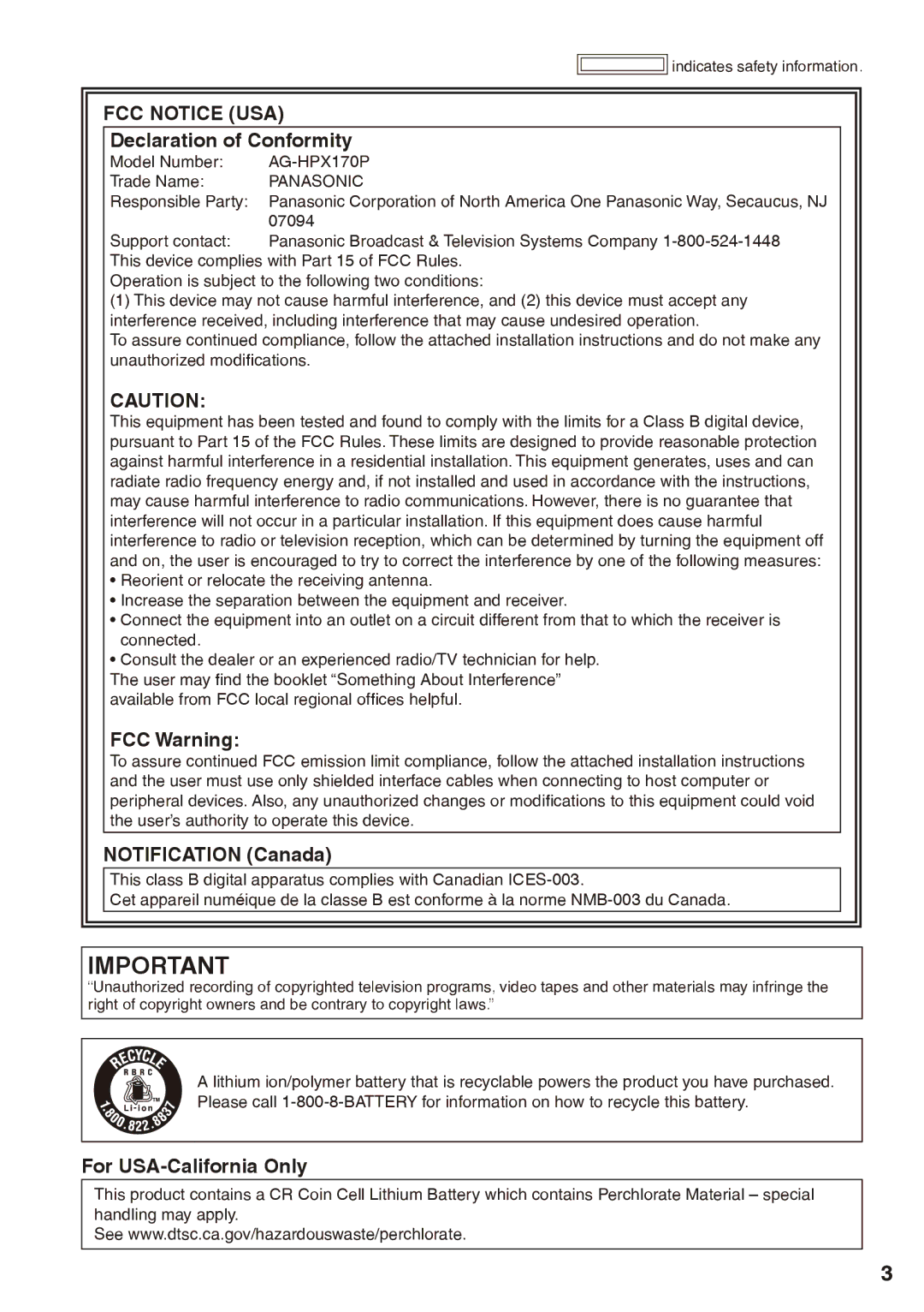 Panasonic AG-HPX170P Declaration of Conformity, FCC Warning, Notification Canada, For USA-California Only 