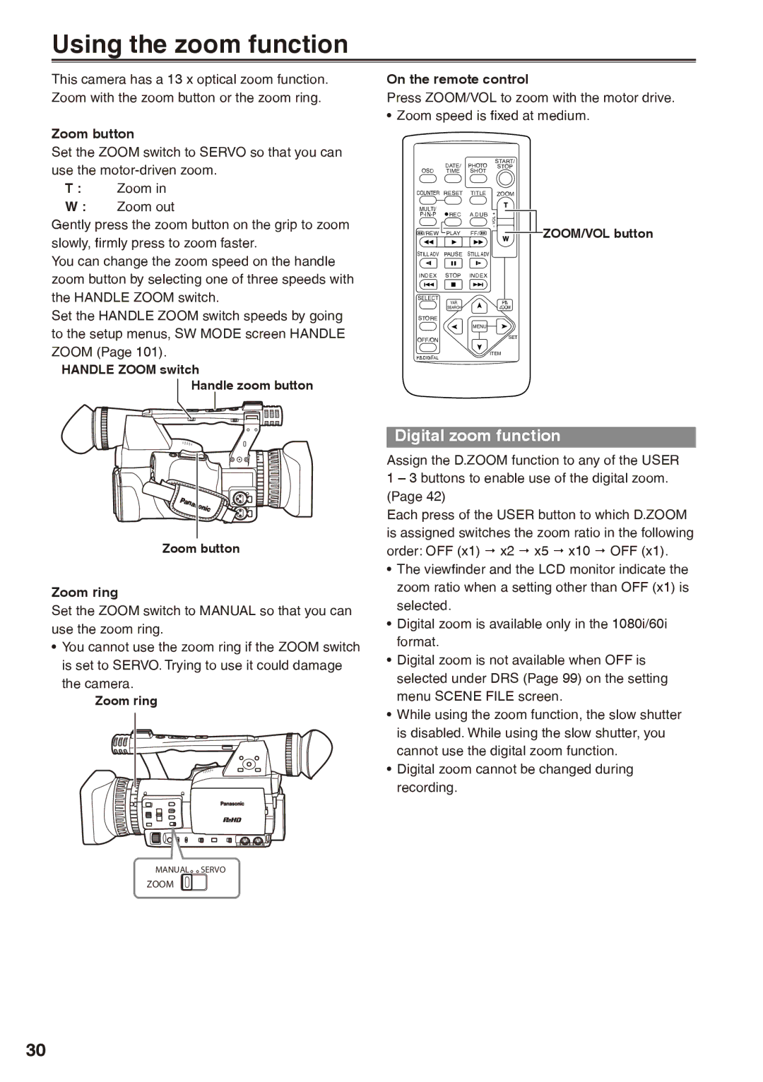 Panasonic AG-HPX170P operating instructions Using the zoom function, Digital zoom function, On the remote control 