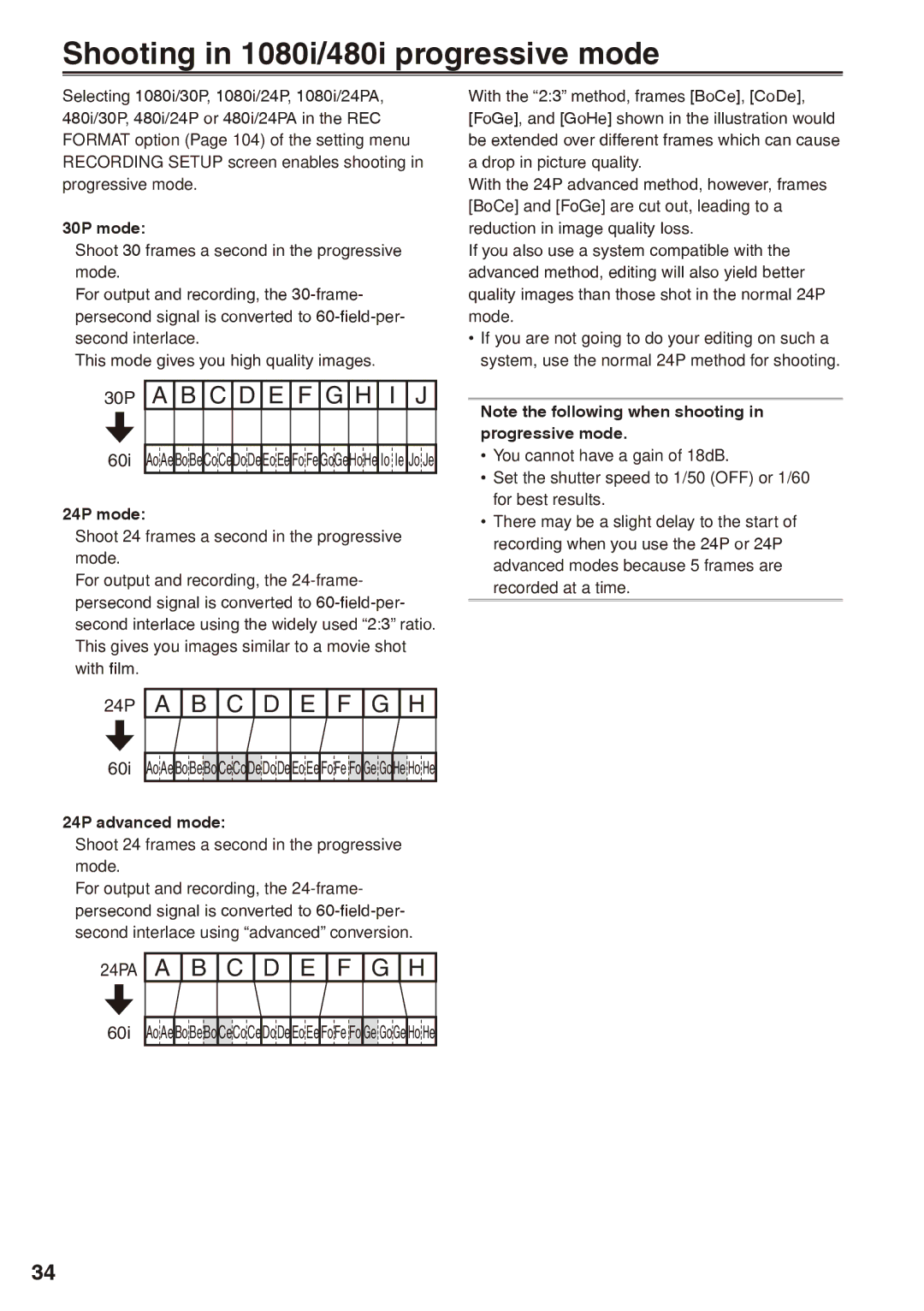 Panasonic AG-HPX170P operating instructions Shooting in 1080i/480i progressive mode, 30P mode, 24P mode, 24P advanced mode 