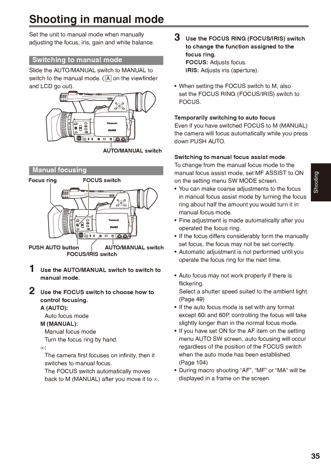 Panasonic AG-HPX170P operating instructions Shooting in manual mode, Switching to manual mode, Manual focusing, Auto 