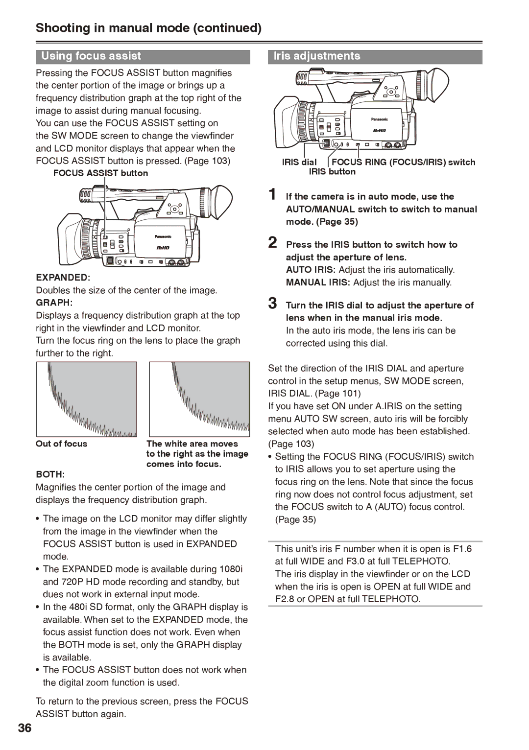 Panasonic AG-HPX170P operating instructions Shooting in manual mode, Using focus assist, Iris adjustments 