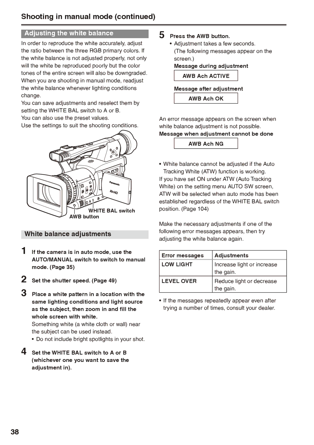 Panasonic AG-HPX170P operating instructions Adjusting the white balance, White balance adjustments, LOW Light, Level Over 