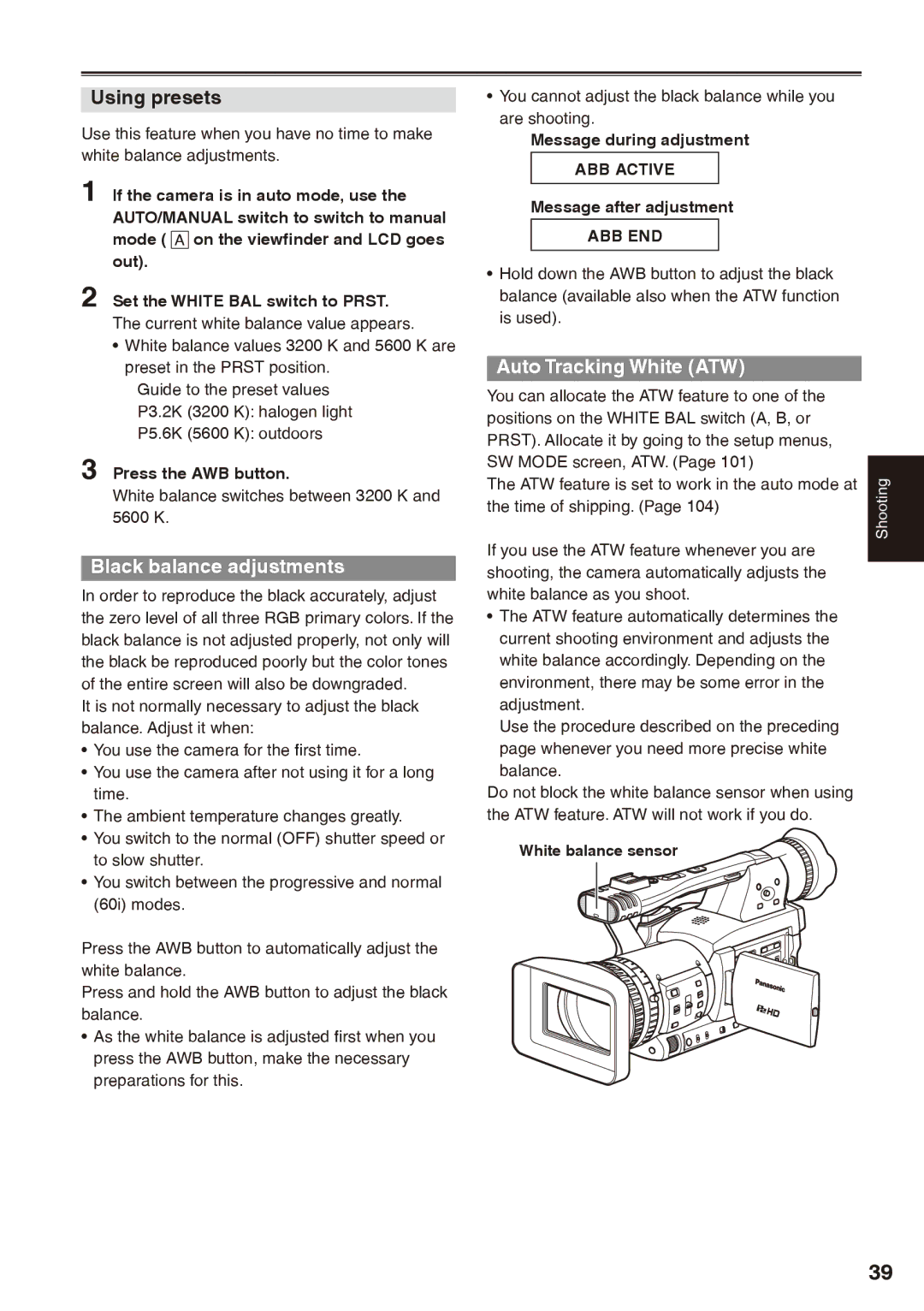 Panasonic AG-HPX170P Using presets, Black balance adjustments, Auto Tracking White ATW, ABB Active, Abb End 