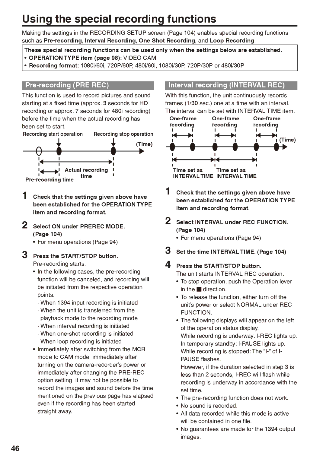 Panasonic AG-HPX170P Using the special recording functions, Pre-recording PRE REC, Interval recording Interval REC 