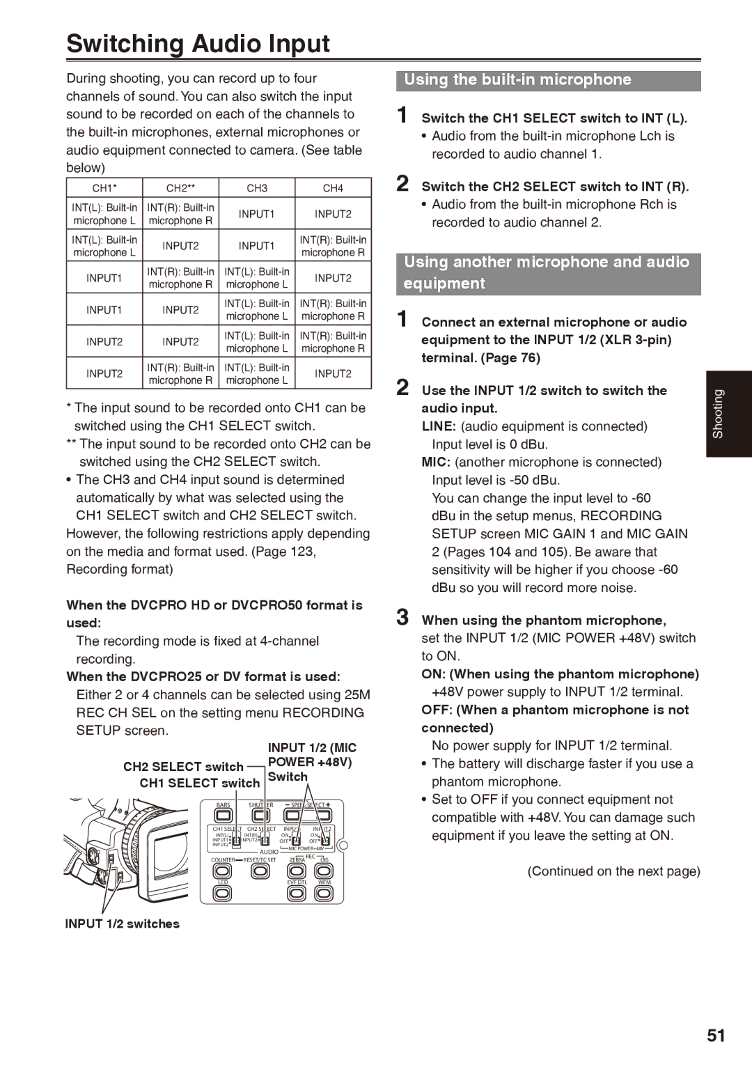 Panasonic AG-HPX170P Switching Audio Input, Using the built-in microphone, Using another microphone and audio equipment 