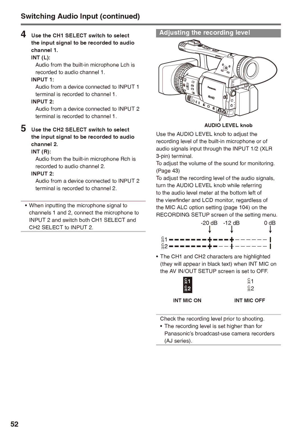 Panasonic AG-HPX170P operating instructions Switching Audio Input, Adjusting the recording level 