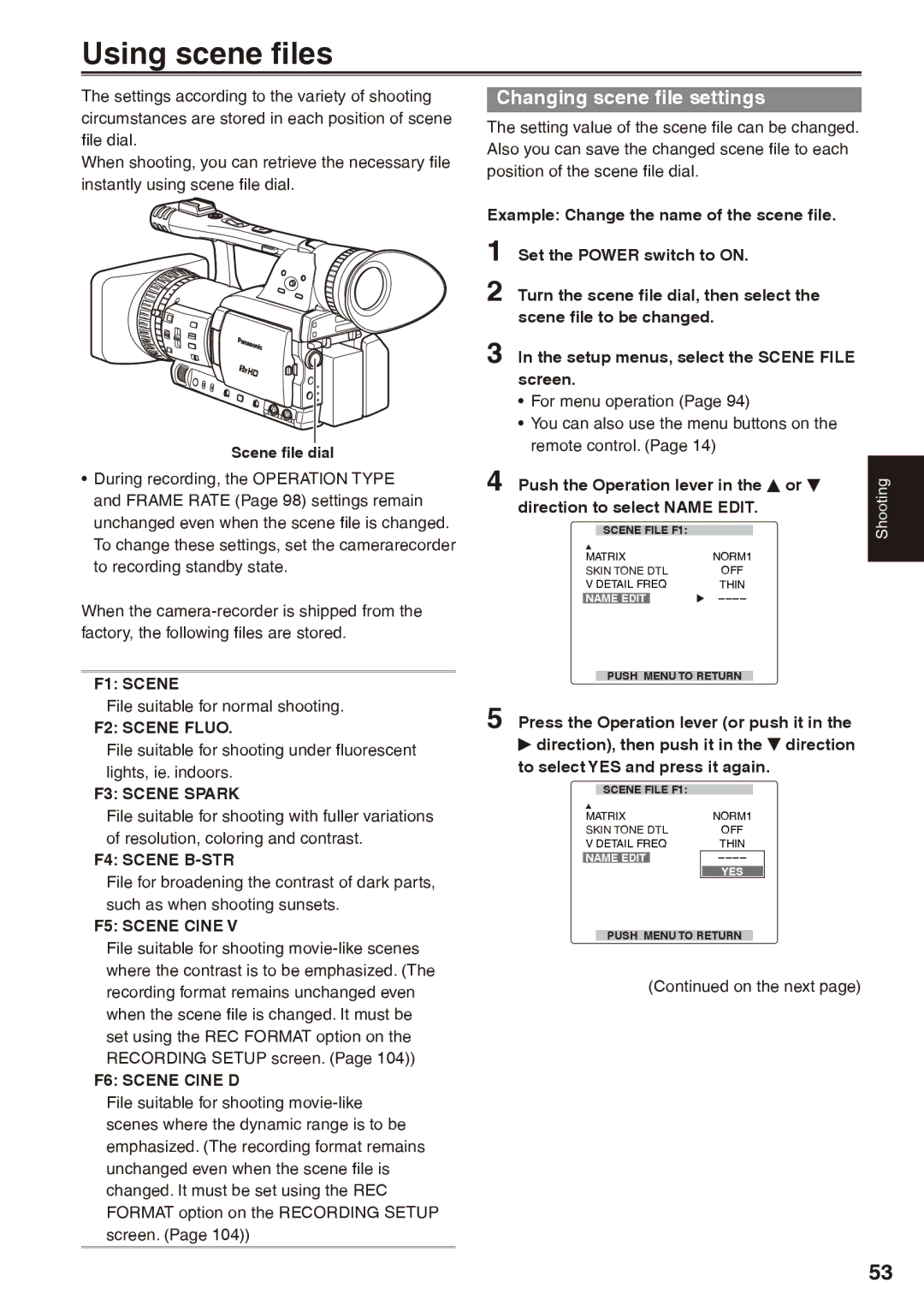 Panasonic AG-HPX170P operating instructions Using scene files, Changing scene file settings 