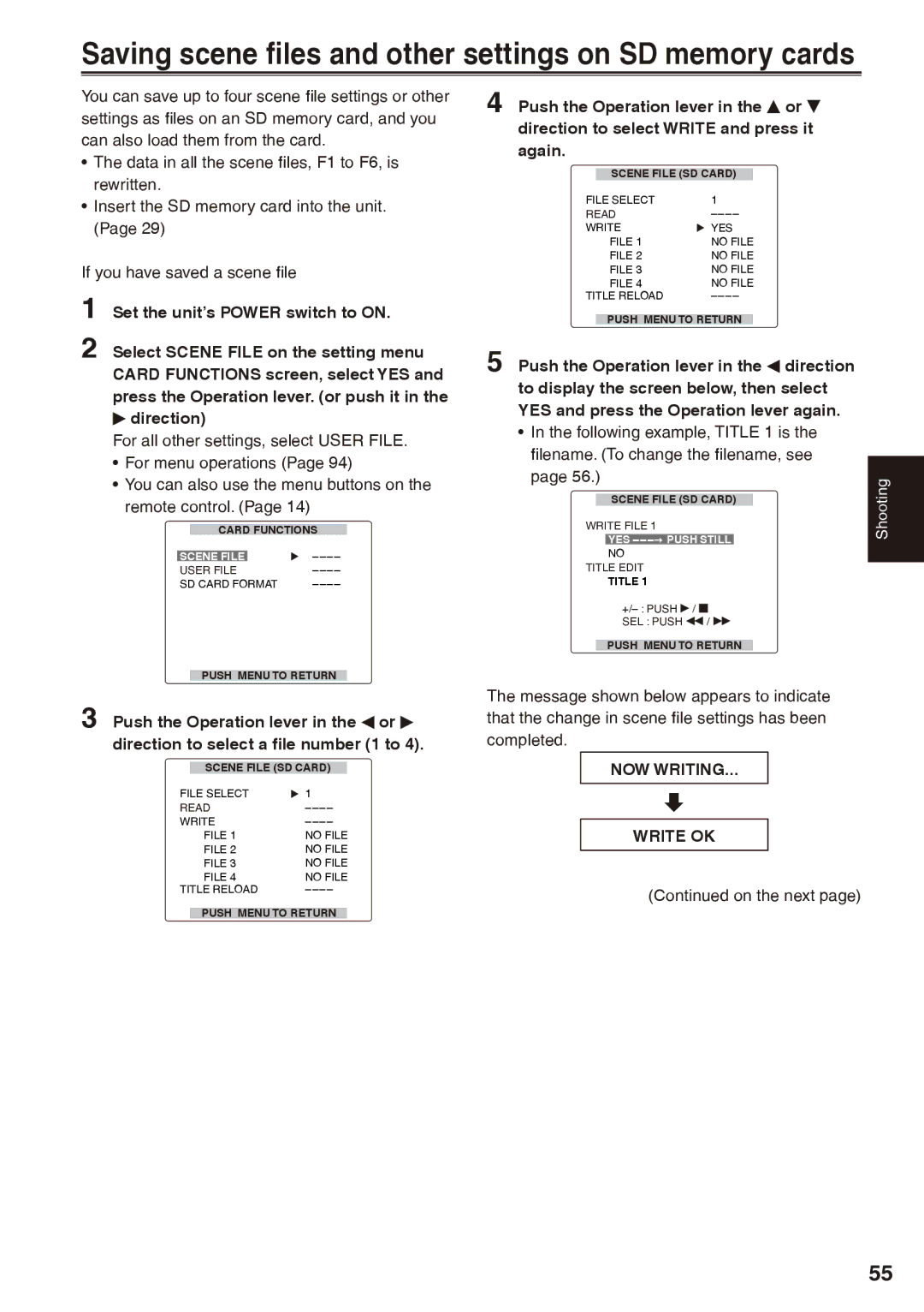 Panasonic AG-HPX170P operating instructions Direction, NOW Writing Write OK 