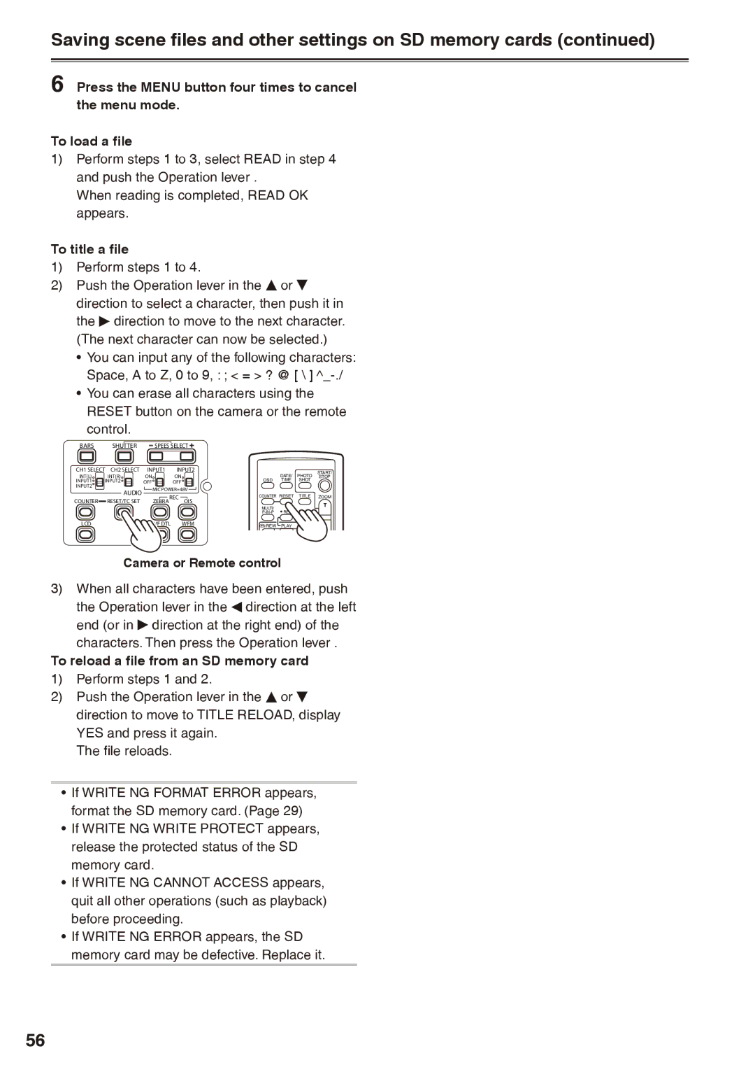 Panasonic AG-HPX170P Saving scene files and other settings on SD memory cards, To title a file, Perform steps 1 to 