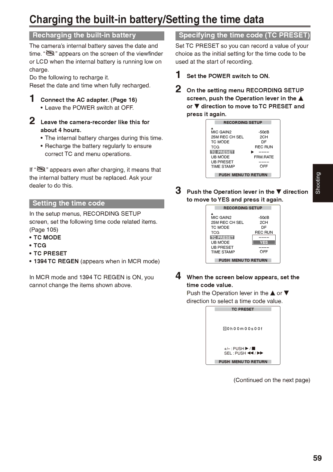 Panasonic AG-HPX170P Charging the built-in battery/Setting the time data, Recharging the built-in battery 