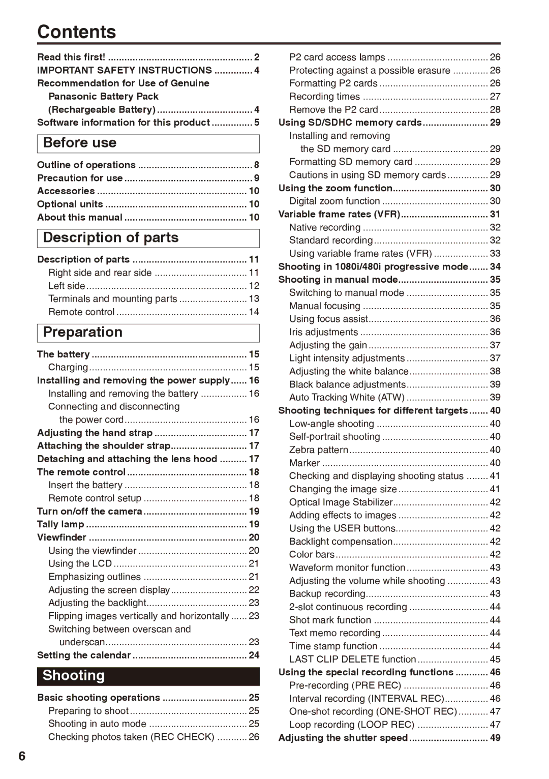 Panasonic AG-HPX170P operating instructions Contents 