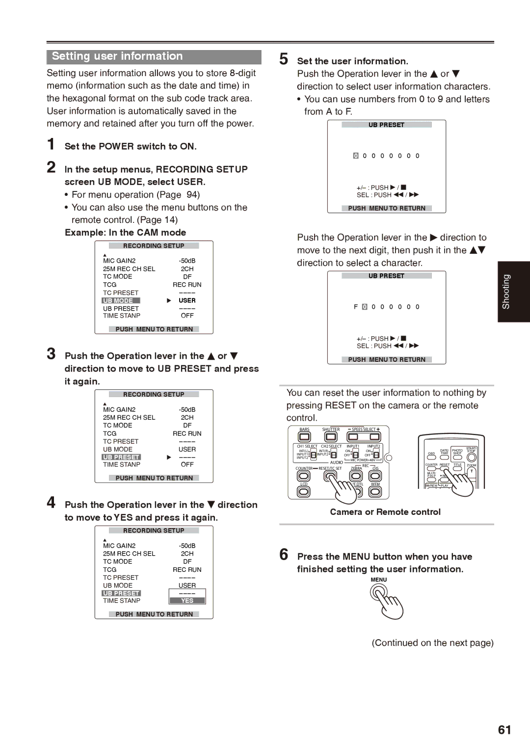 Panasonic AG-HPX170P operating instructions Setting user information, Example In the CAM mode, Set the user information 