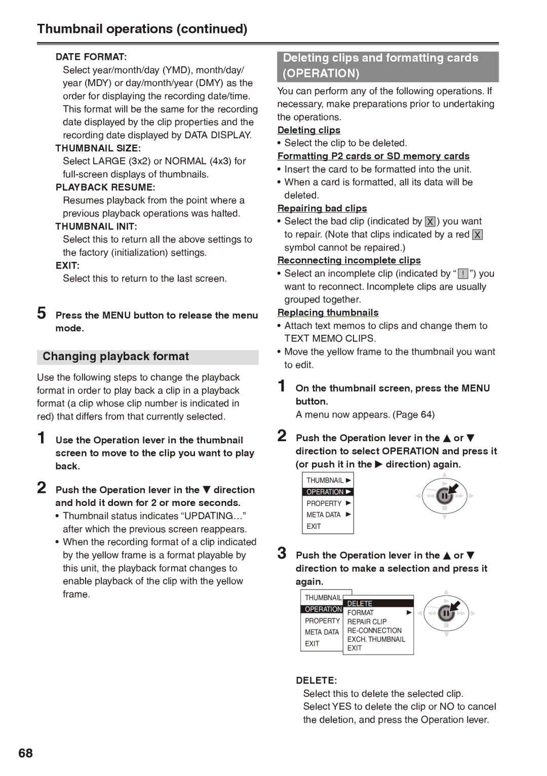 Panasonic AG-HPX170P Thumbnail operations, Changing playback format, Deleting clips and formatting cards 