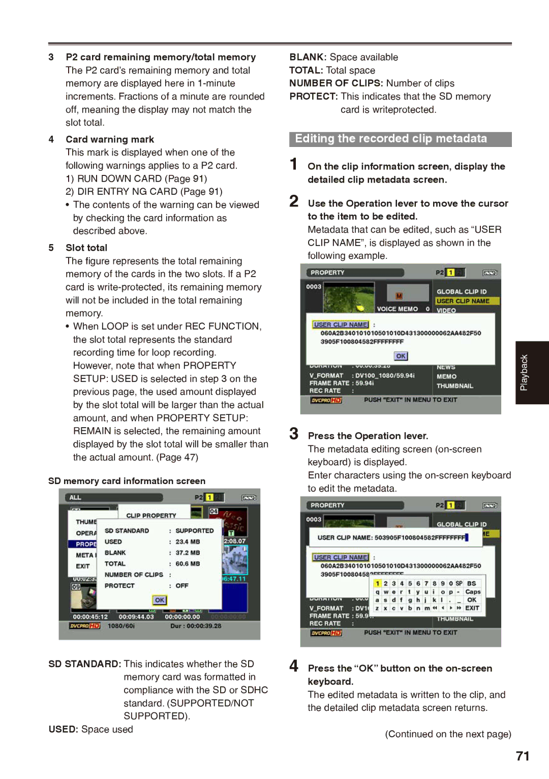 Panasonic AG-HPX170P operating instructions Editing the recorded clip metadata, Slot total, Number of Clips Number of clips 