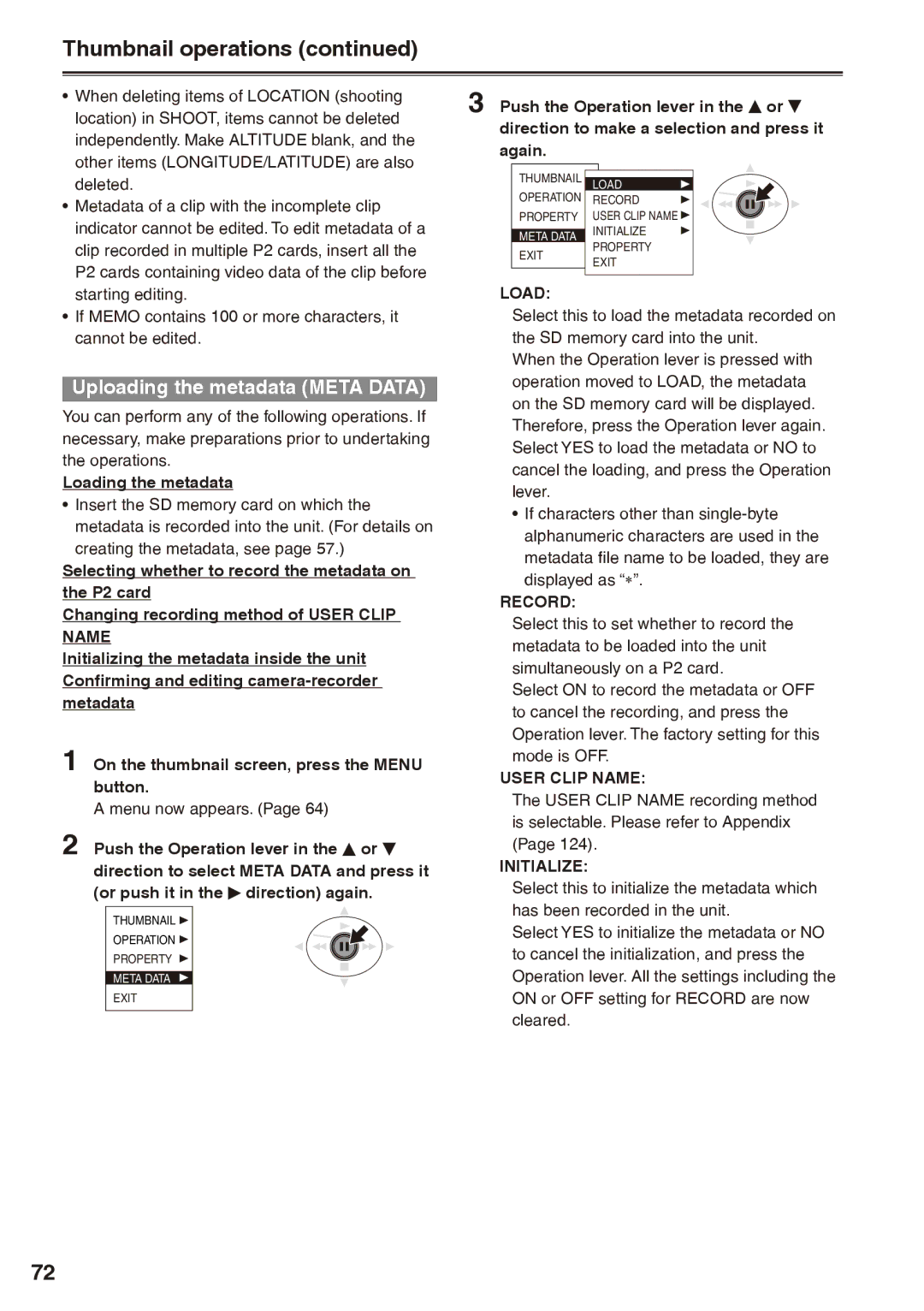 Panasonic AG-HPX170P operating instructions Uploading the metadata Meta Data, Load, Record, Name, Initialize 