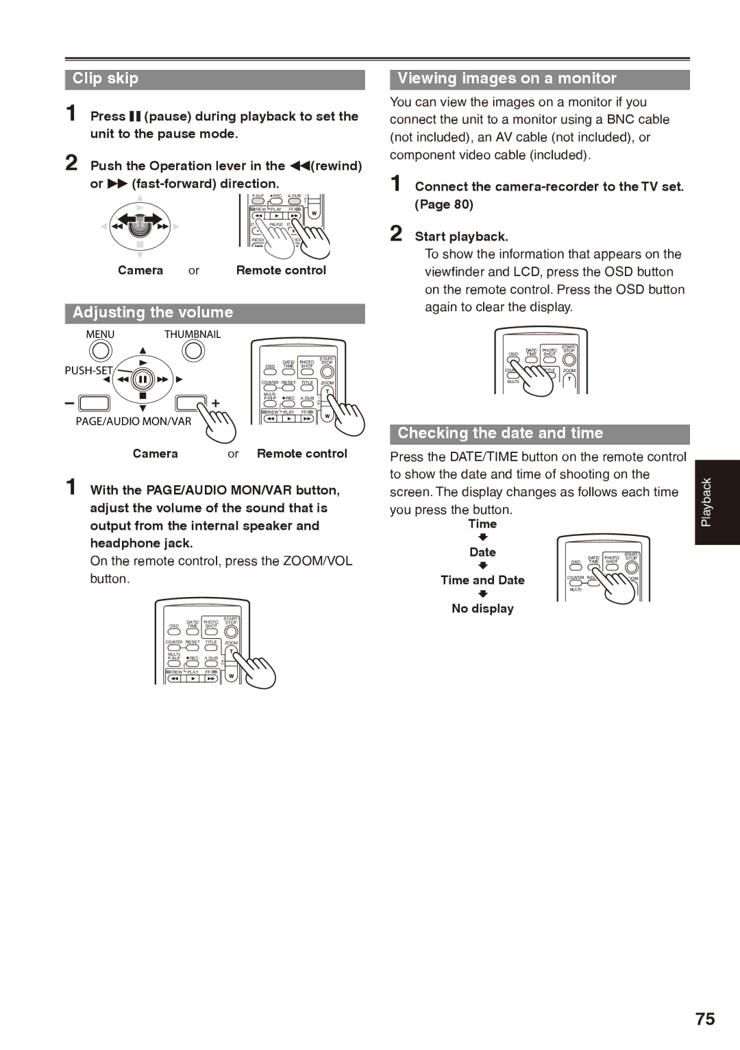 Panasonic AG-HPX170P Clip skip, Adjusting the volume, Viewing images on a monitor, Checking the date and time 