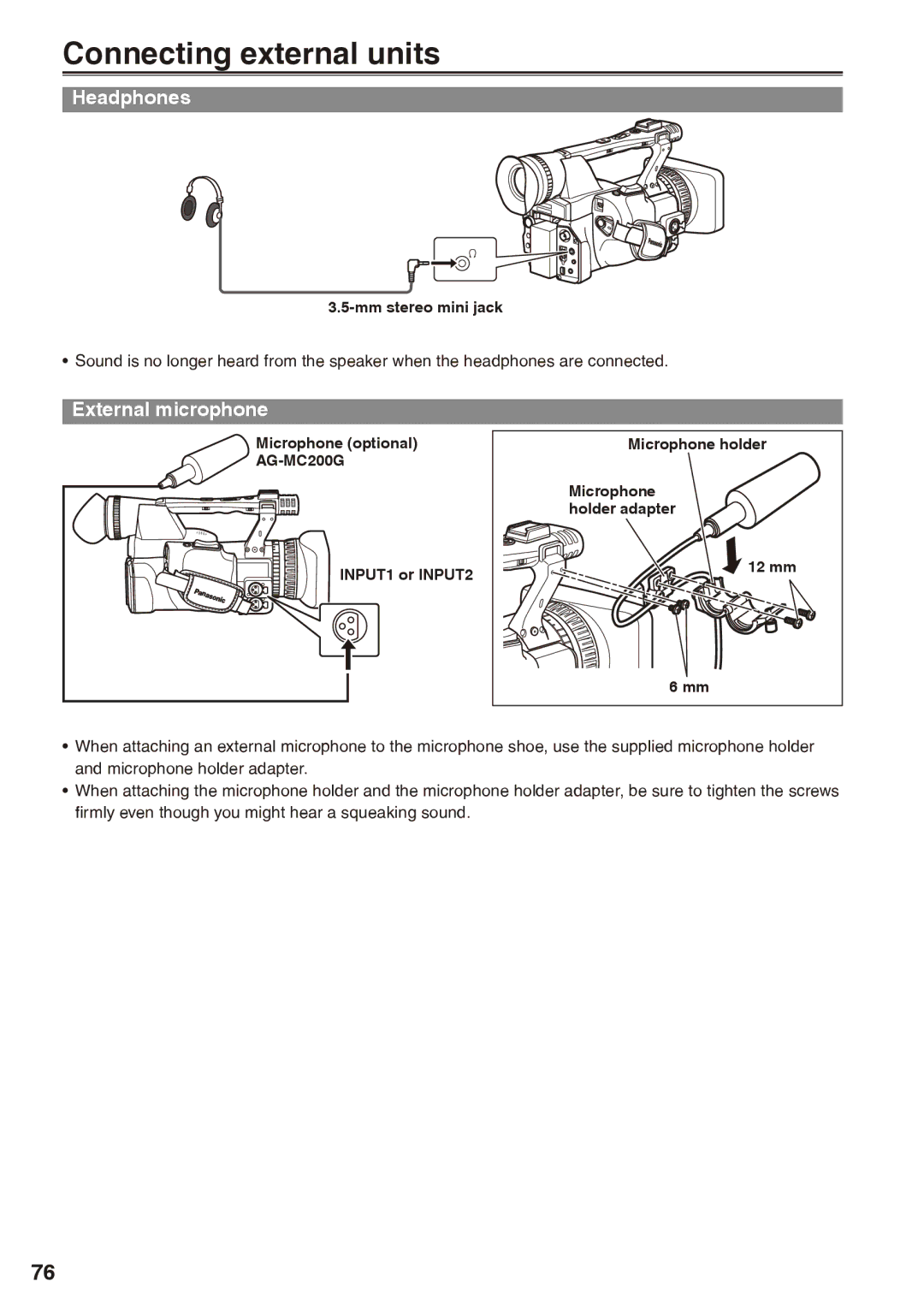 Panasonic AG-HPX170P operating instructions Connecting external units, Headphones, External microphone, AG-MC200G 