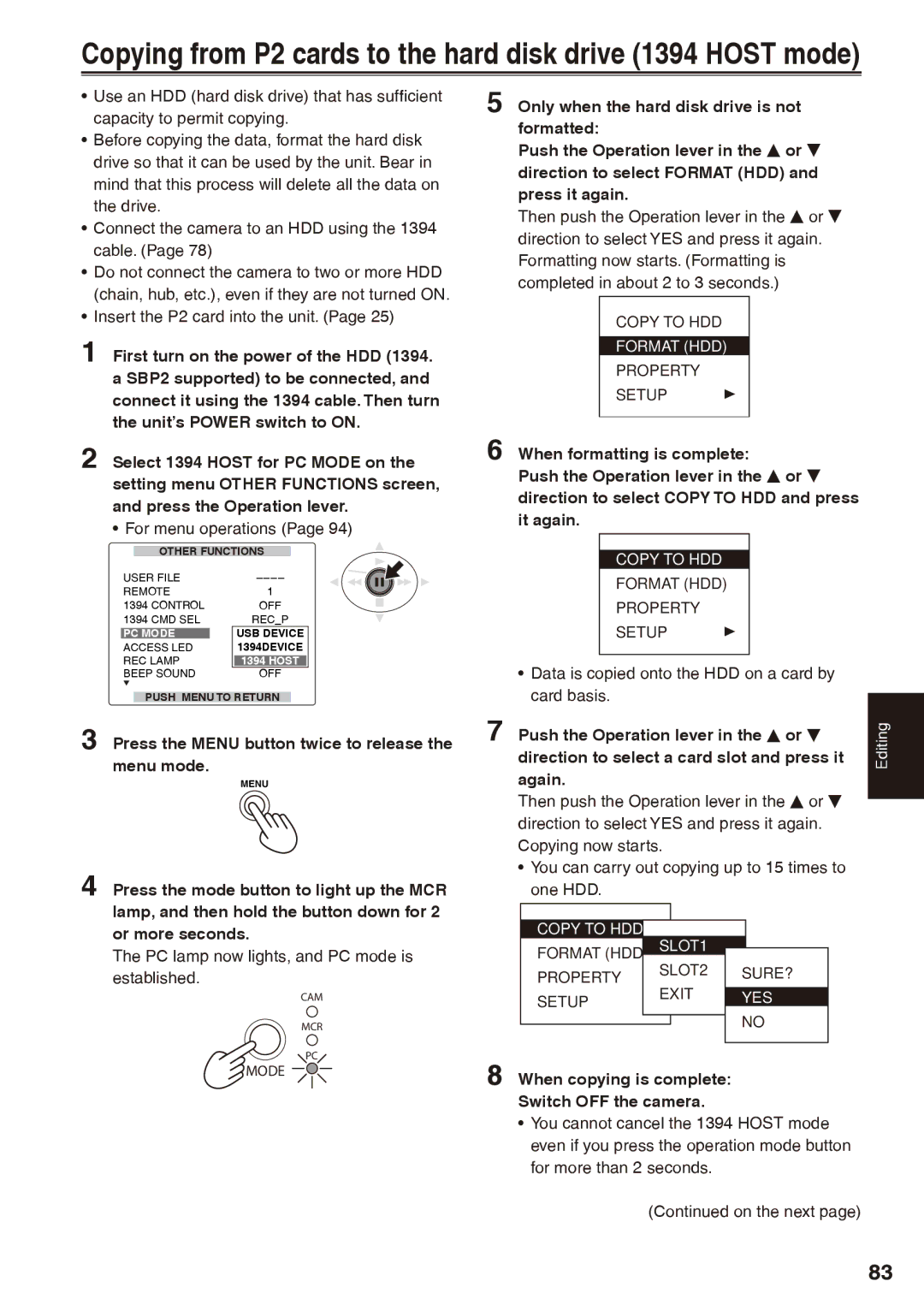 Panasonic AG-HPX170P Press the Menu button twice to release the menu mode, PC lamp now lights, and PC mode is established 