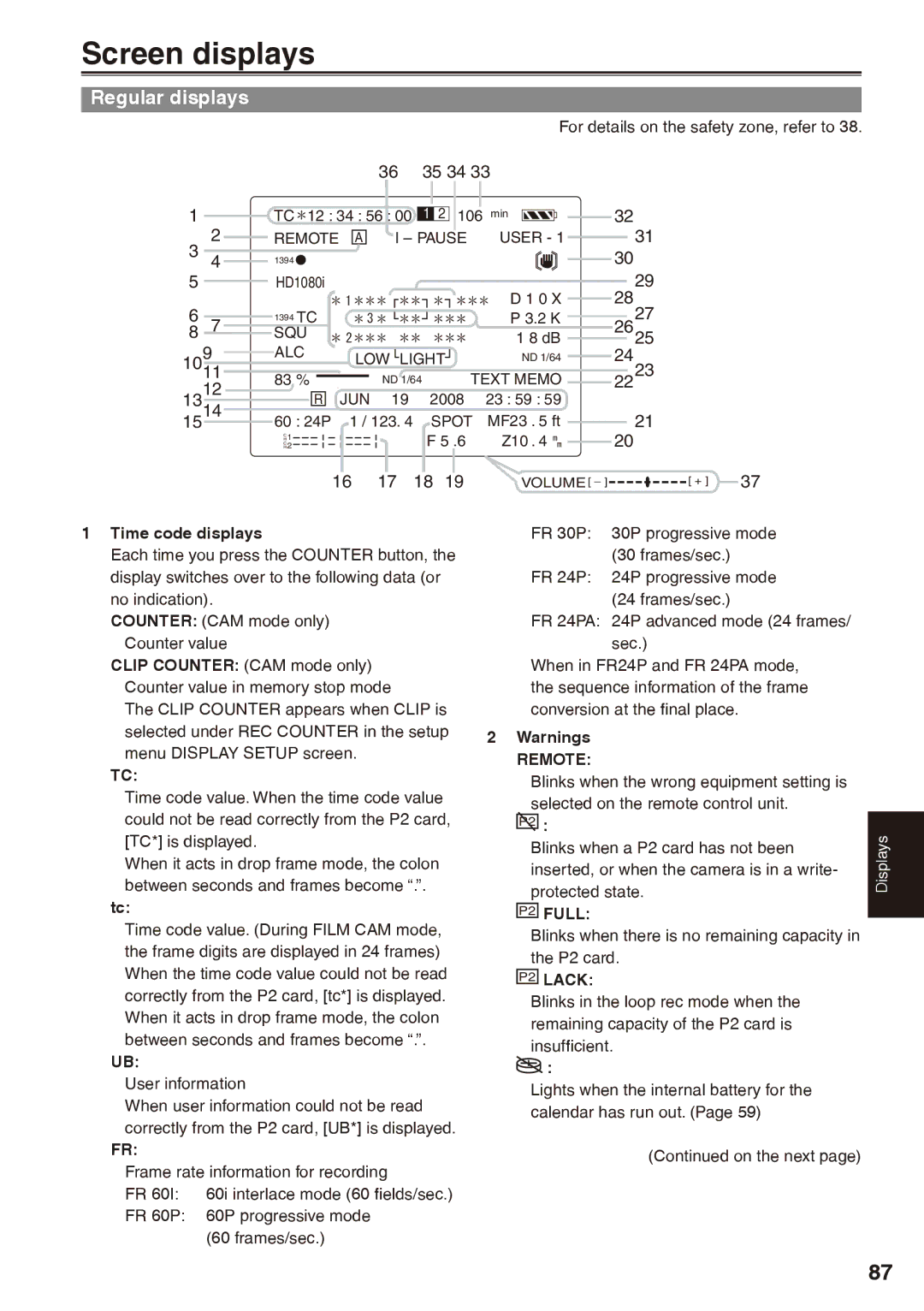 Panasonic AG-HPX170P operating instructions Screen displays, Regular displays, Remote, P2 Full, P2 Lack 