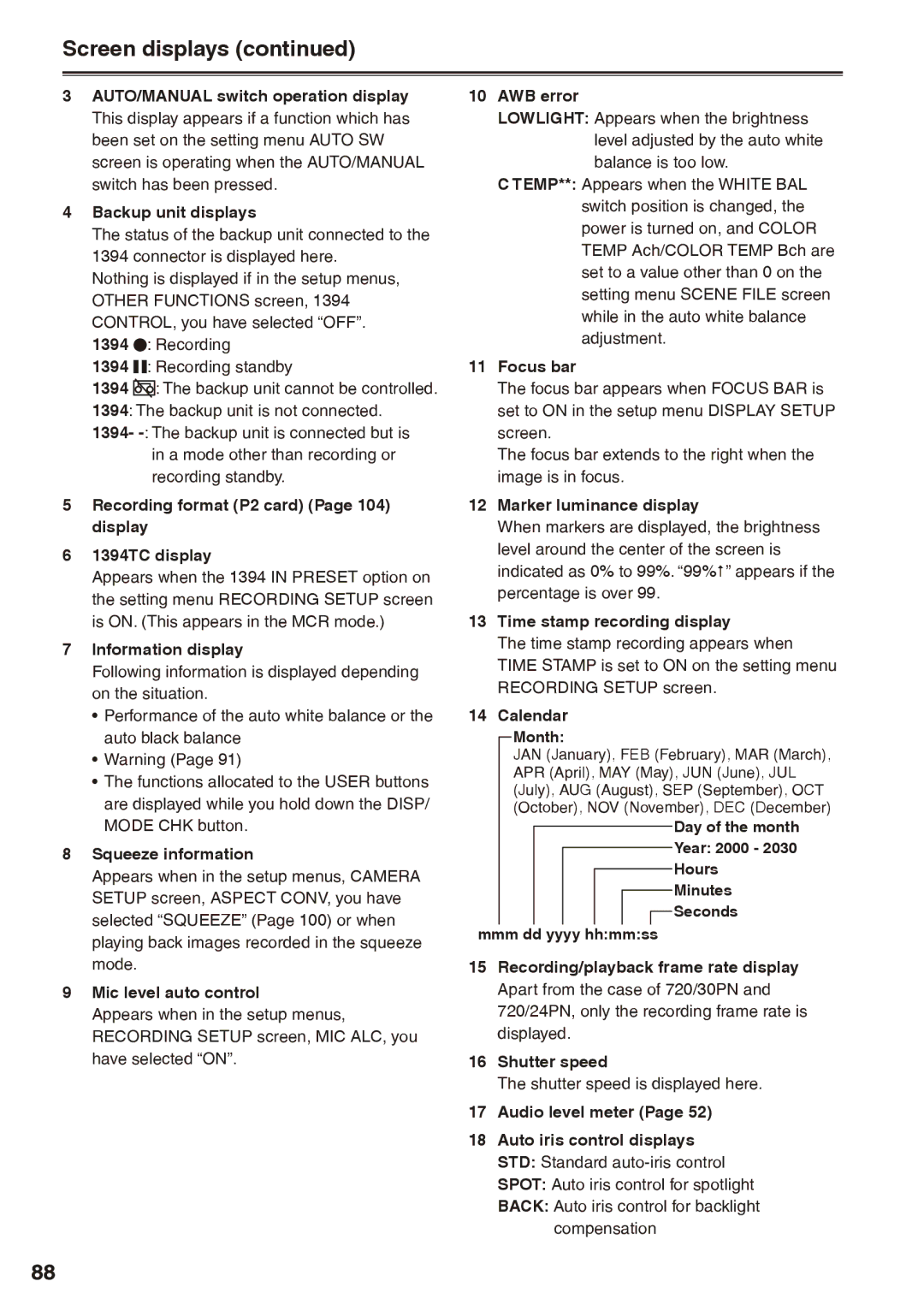 Panasonic AG-HPX170P operating instructions Screen displays 