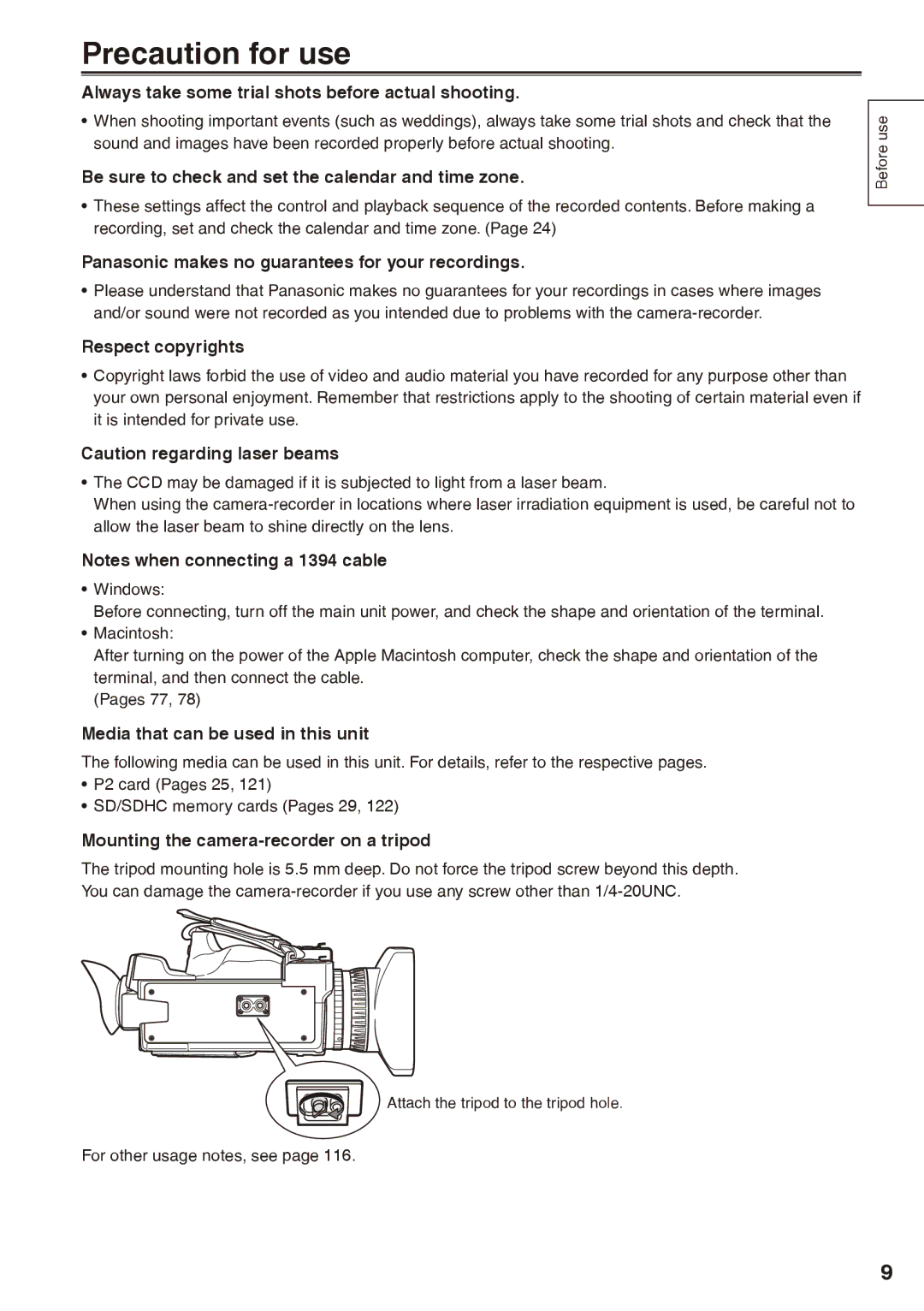 Panasonic AG-HPX170P operating instructions Precaution for use, For other usage notes, see 