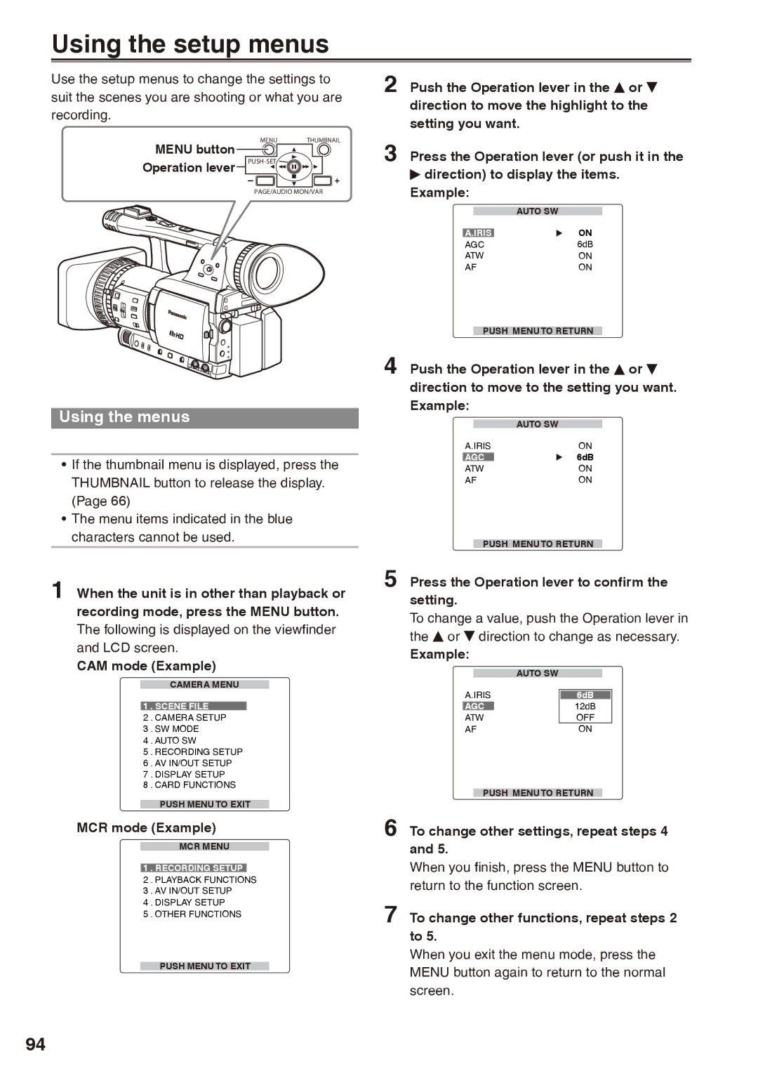 Panasonic AG-HPX170P operating instructions Using the setup menus, Using the menus 