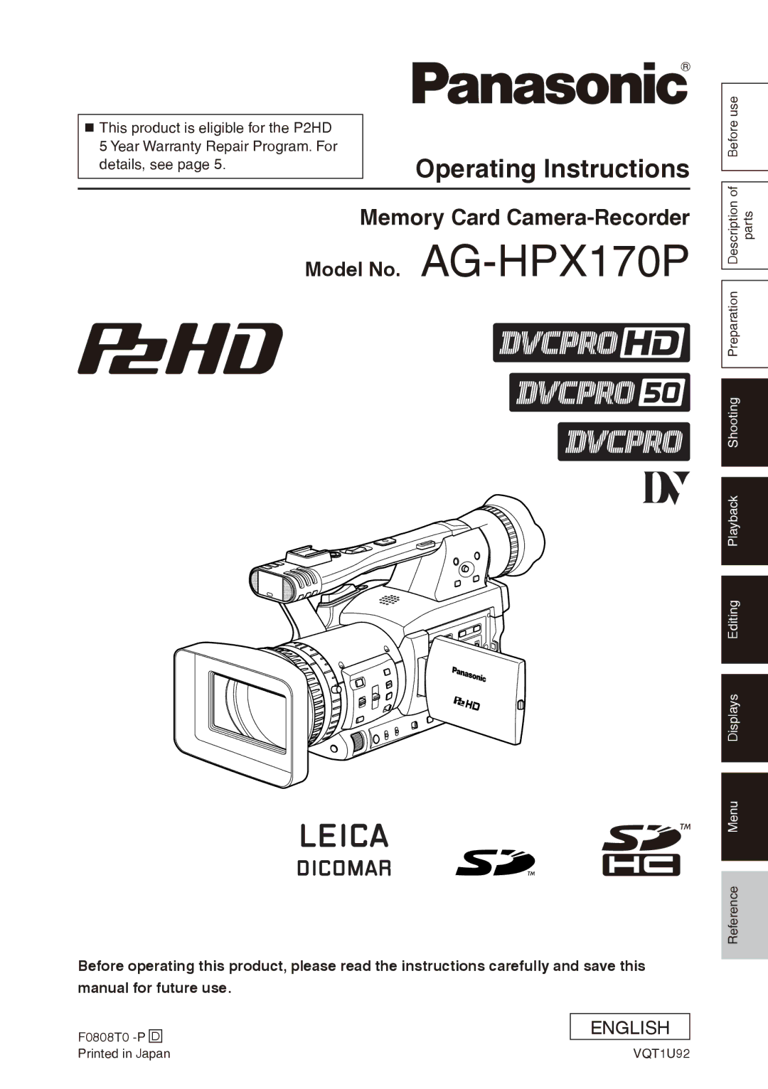 Panasonic AG-HPX170P operating instructions Operating Instructions 