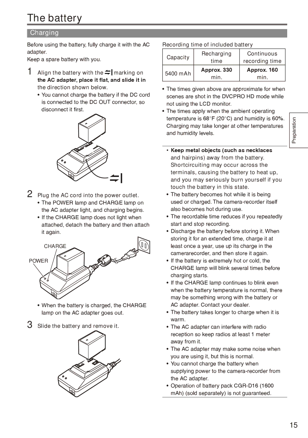 Panasonic AG-HPX170P Battery, Charging, Align the battery with, Plug the AC cord into the power outlet, Min 