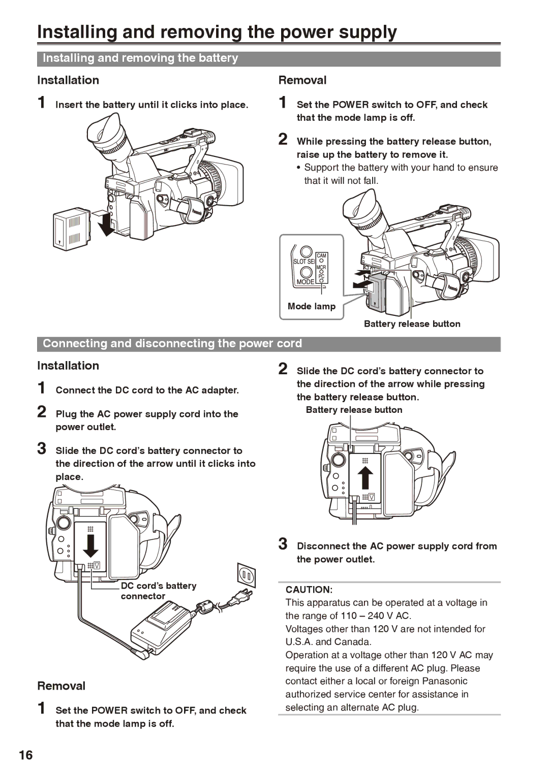 Panasonic AG-HPX170P Installing and removing the power supply, Installing and removing the battery Installation, Removal 