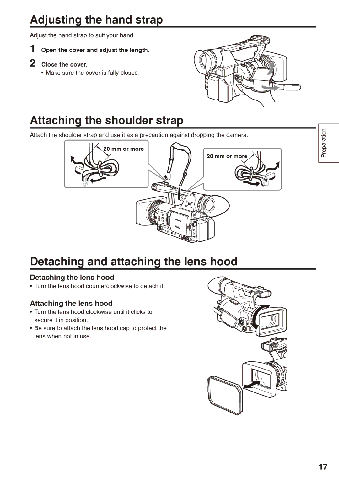 Panasonic AG-HPX170P Adjusting the hand strap, Attaching the shoulder strap, Detaching and attaching the lens hood 