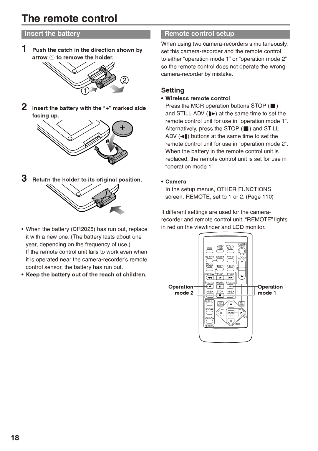 Panasonic AG-HPX170P operating instructions Insert the battery, Remote control setup, Setting 