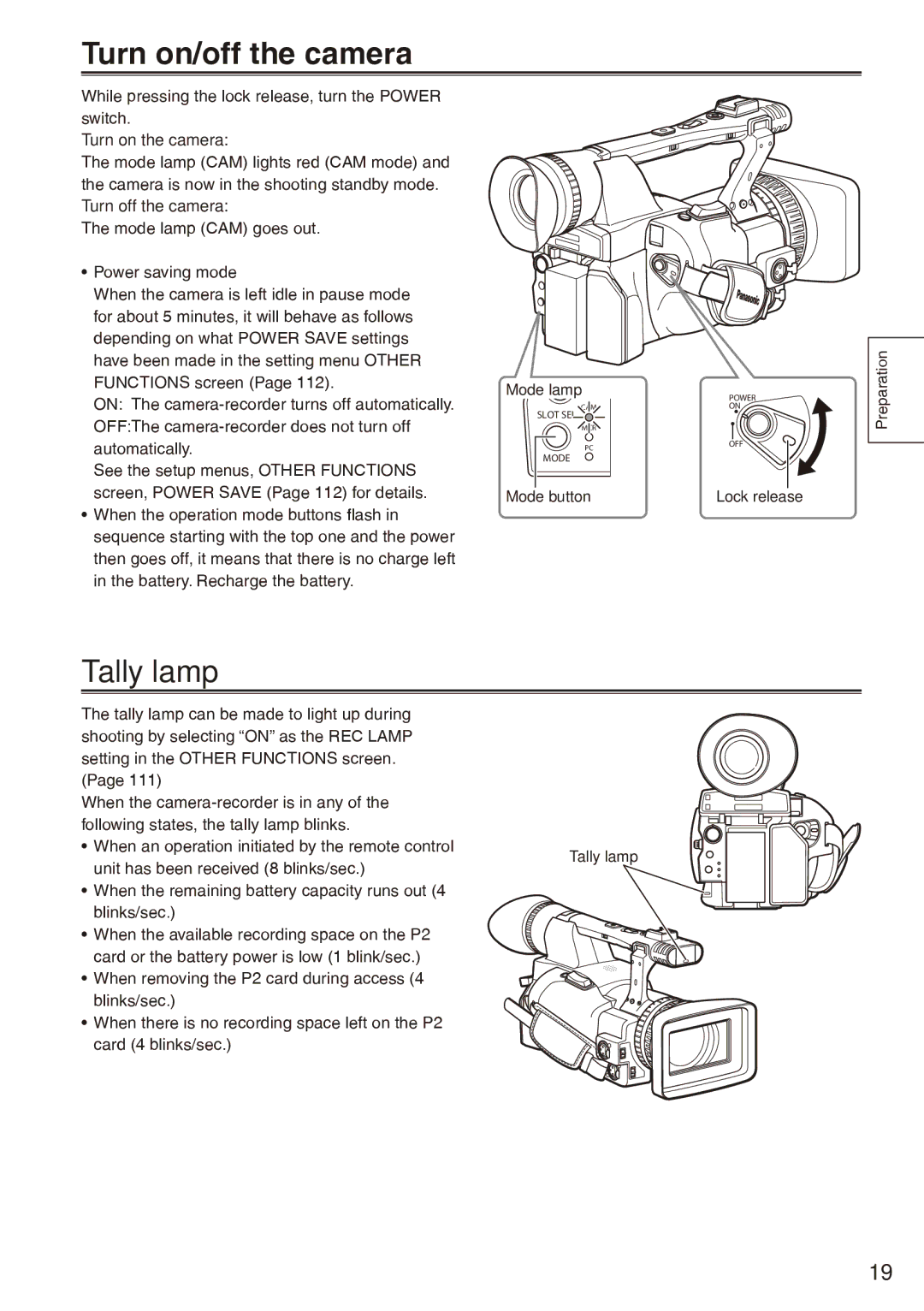 Panasonic AG-HPX170P operating instructions Turn on/off the camera, Tally lamp, Turn on the camera, Turn off the camera 