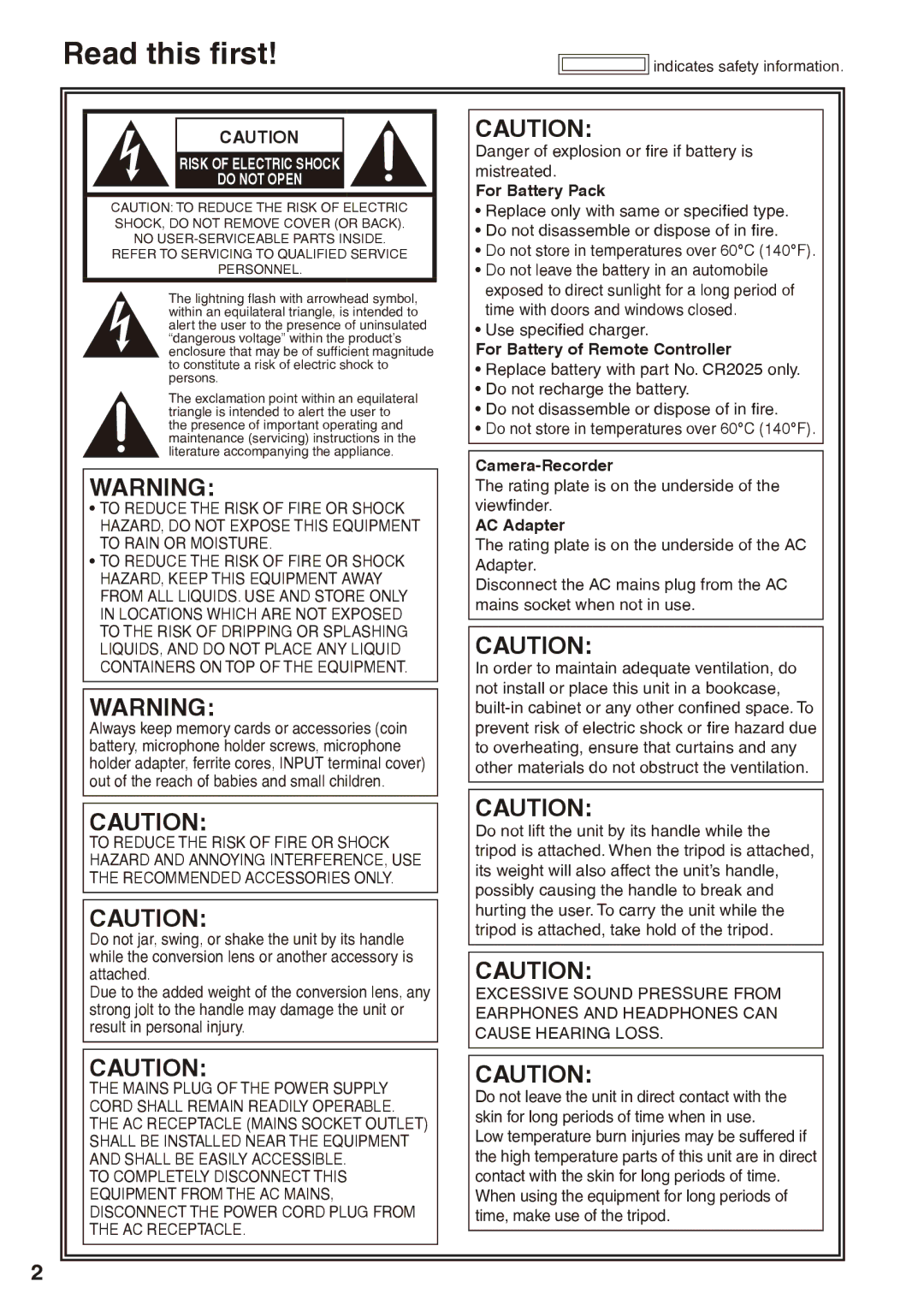 Panasonic AG-HPX170P Read this first, For Battery Pack, For Battery of Remote Controller, Camera-Recorder, AC Adapter 