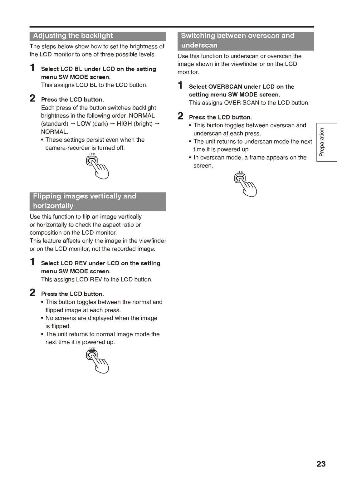 Panasonic AG-HPX170P operating instructions Adjusting the backlight, Flipping images vertically and horizontally 