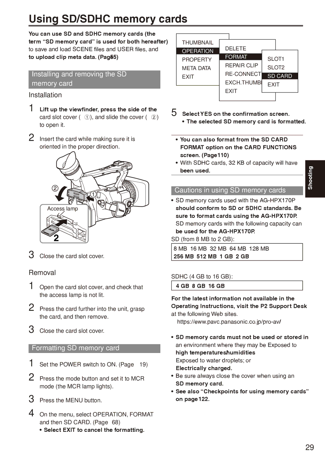 Panasonic AG-HPX170P Using SD/SDHC memory cards, Installing and removing the SD memory card, Formatting SD memory card 