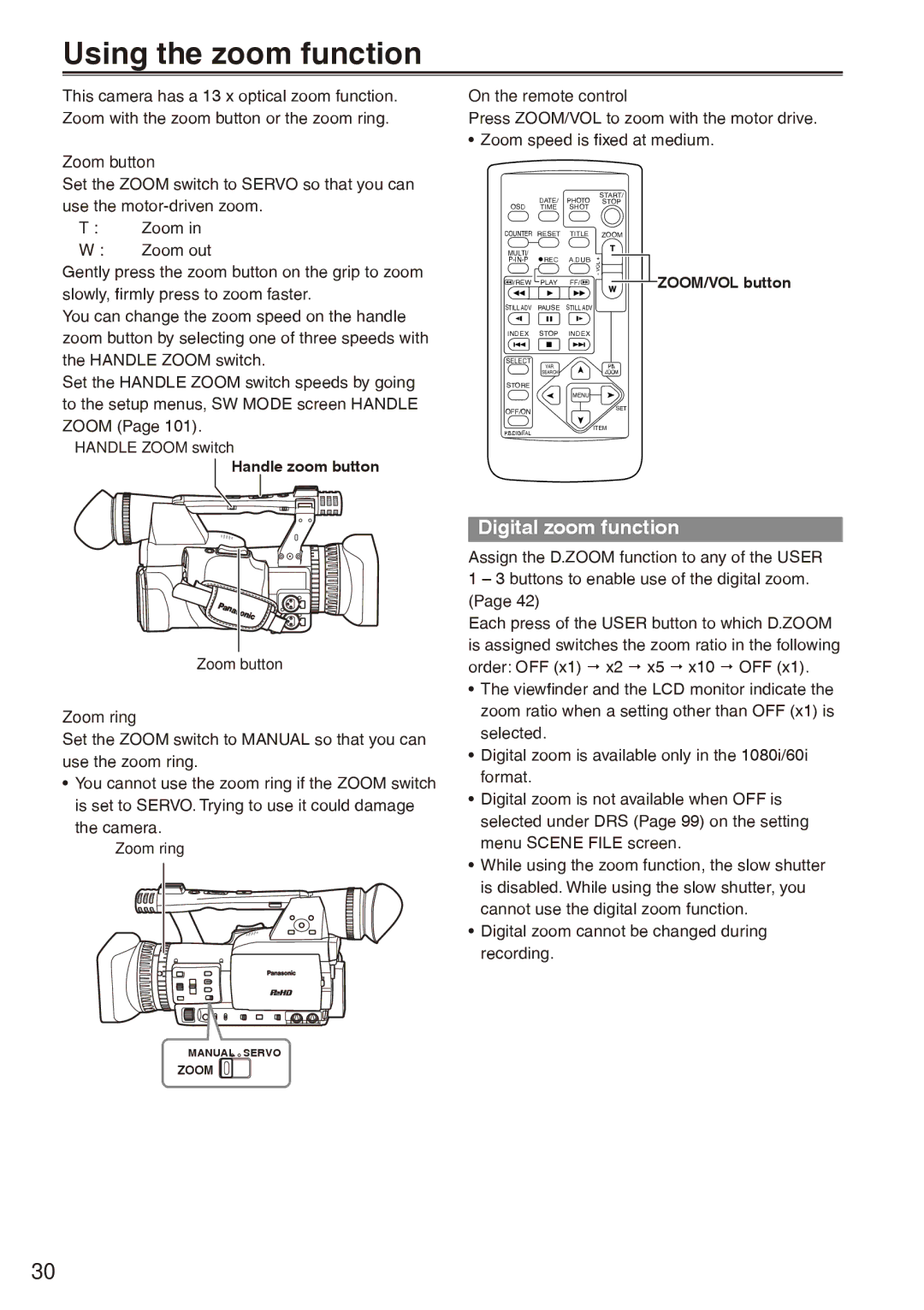 Panasonic AG-HPX170P operating instructions Using the zoom function, Digital zoom function, On the remote control 