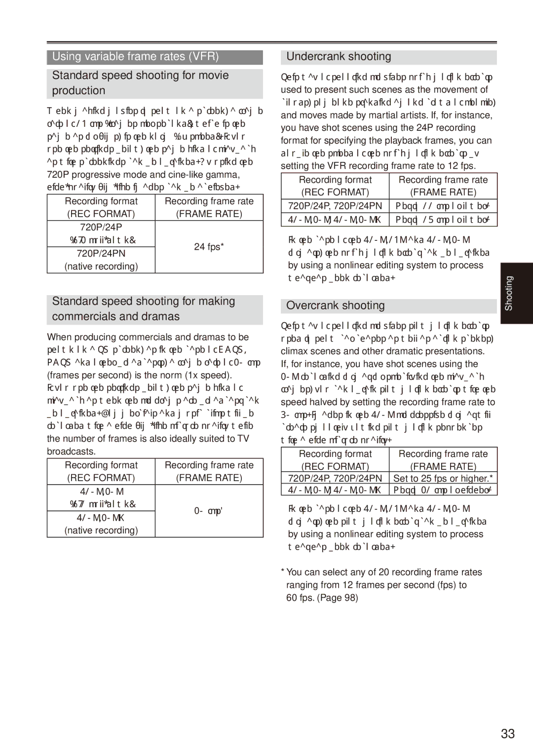 Panasonic AG-HPX170P Using variable frame rates VFR, Standard speed shooting for movie production, Undercrank shooting 