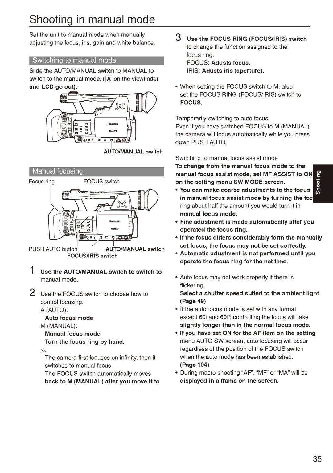 Panasonic AG-HPX170P operating instructions Shooting in manual mode, Switching to manual mode, Manual focusing, Auto 