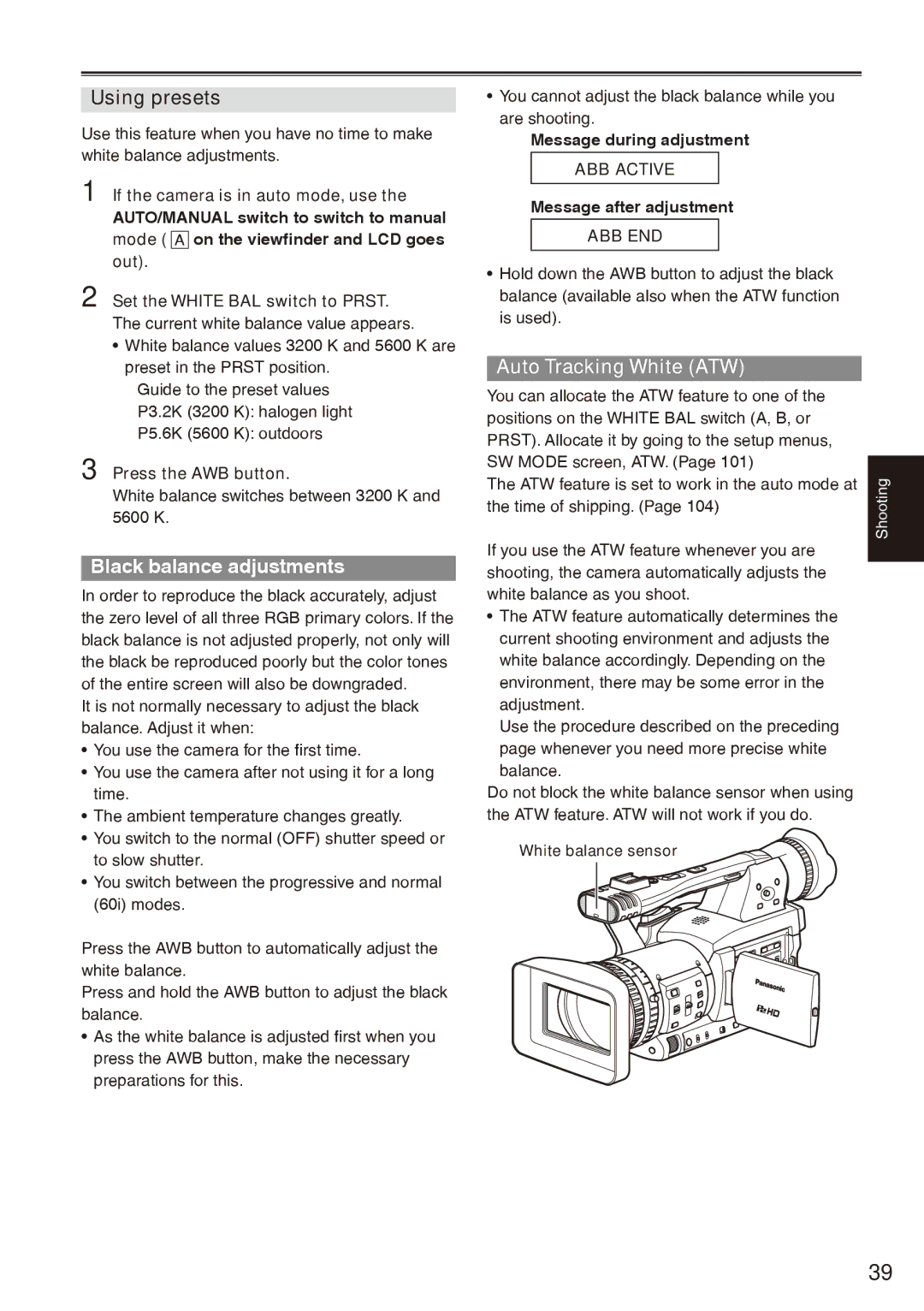 Panasonic AG-HPX170P Using presets, Black balance adjustments, Auto Tracking White ATW, ABB Active, Abb End 