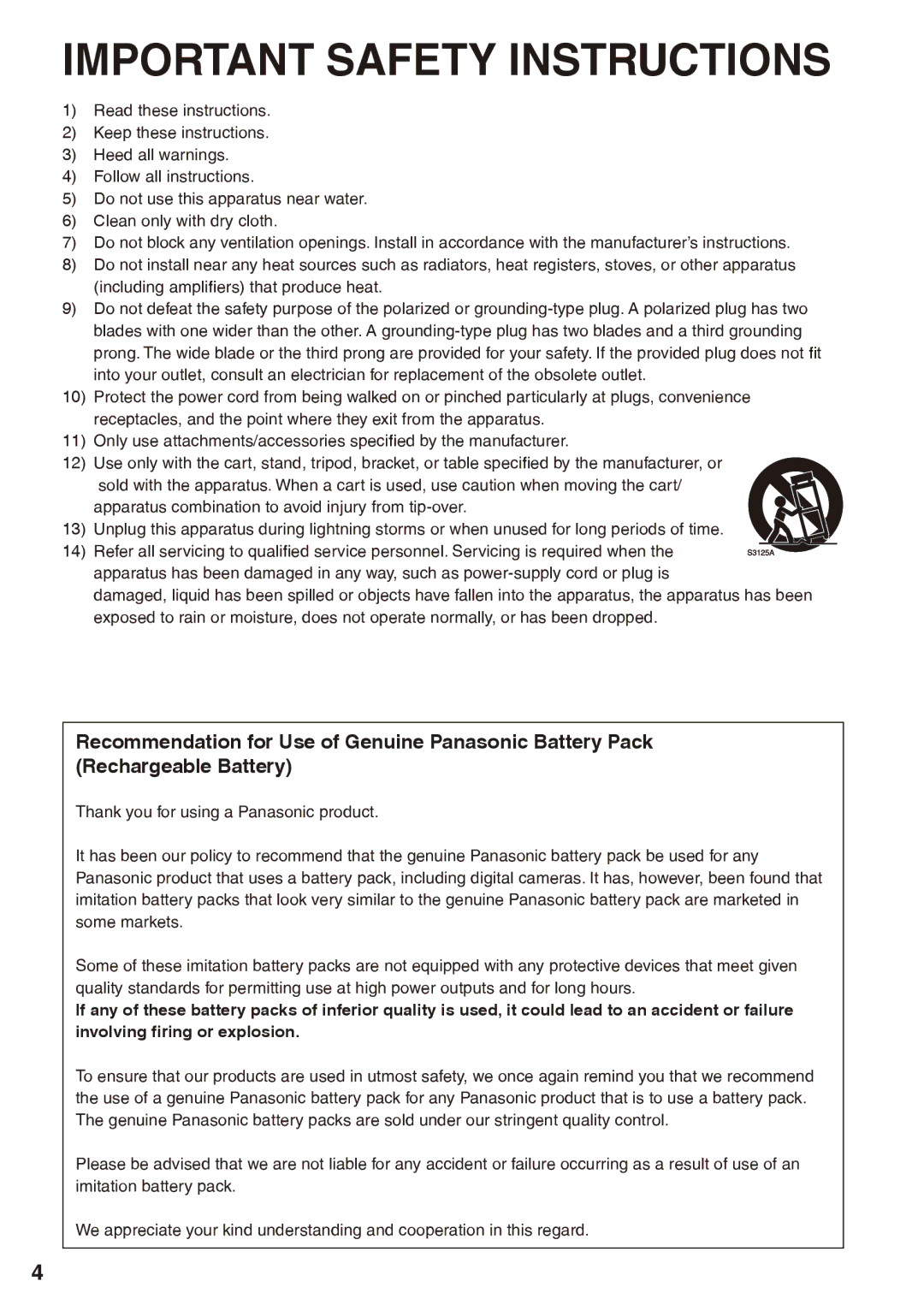 Panasonic AG-HPX170P operating instructions Important Safety Instructions 