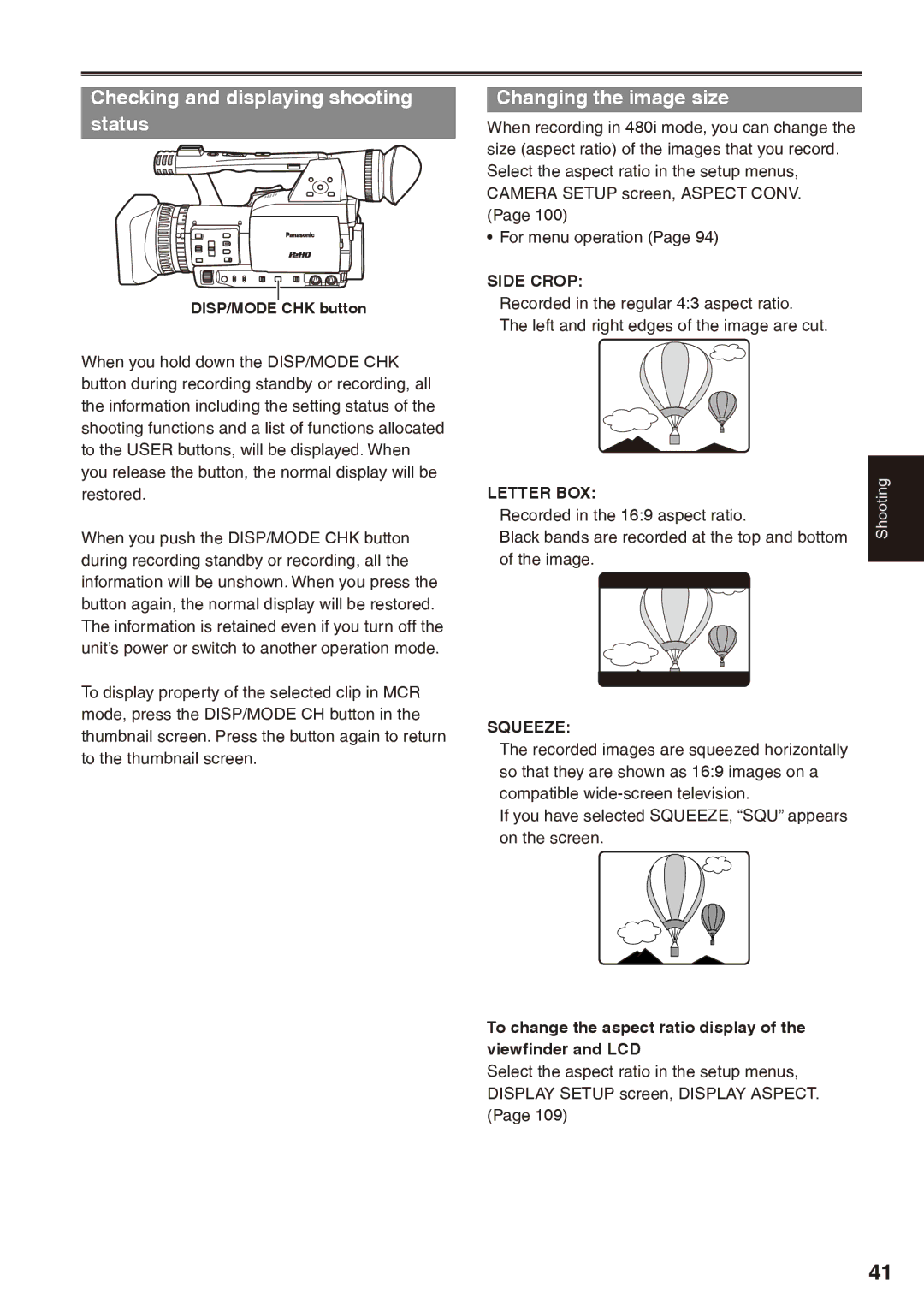 Panasonic AG-HPX170P Checking and displaying shooting status, Changing the image size, Side Crop, Letter BOX, Squeeze 