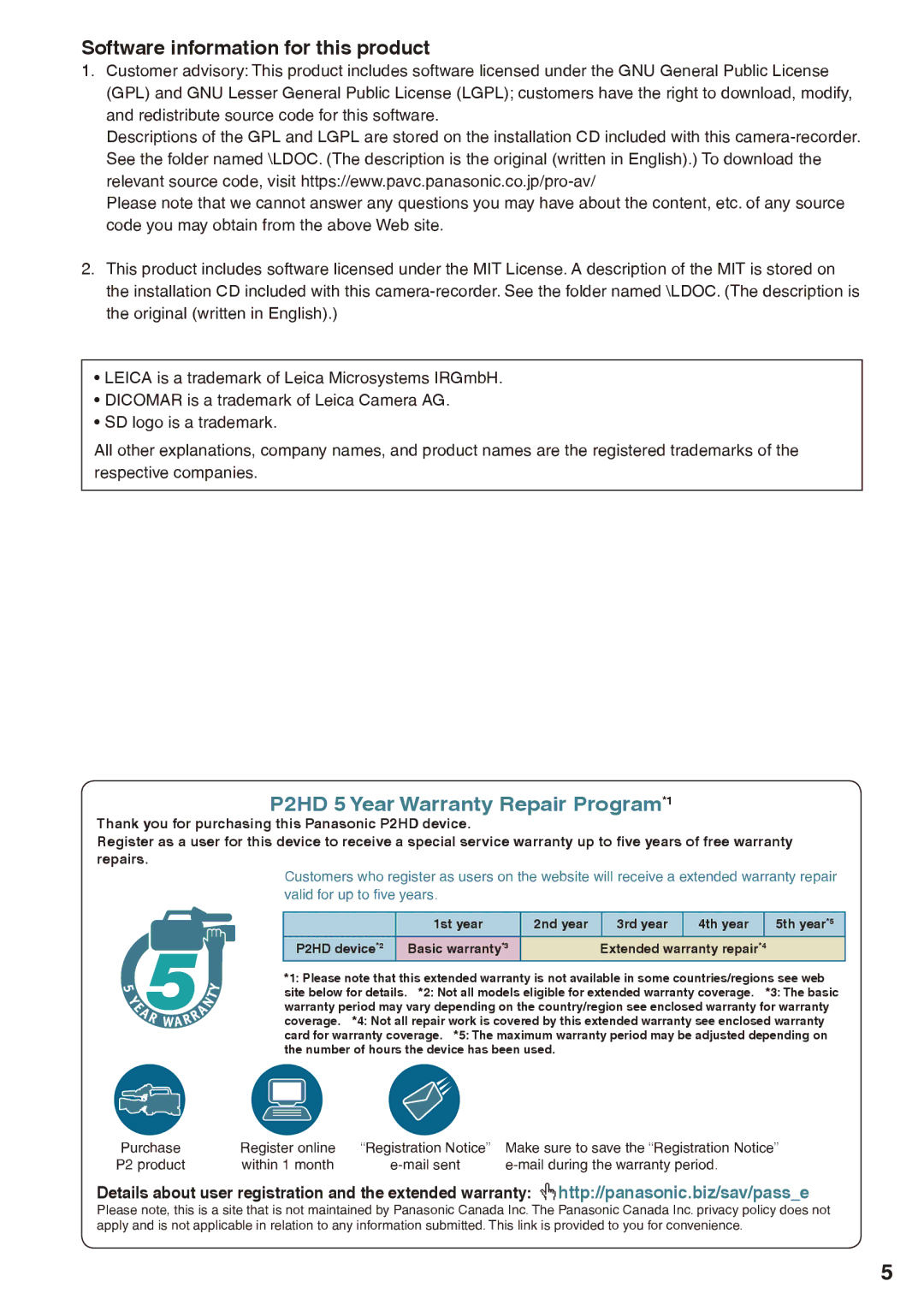 Panasonic AG-HPX170P operating instructions Software information for this product, P2HD 5 Year Warranty Repair Program*1 